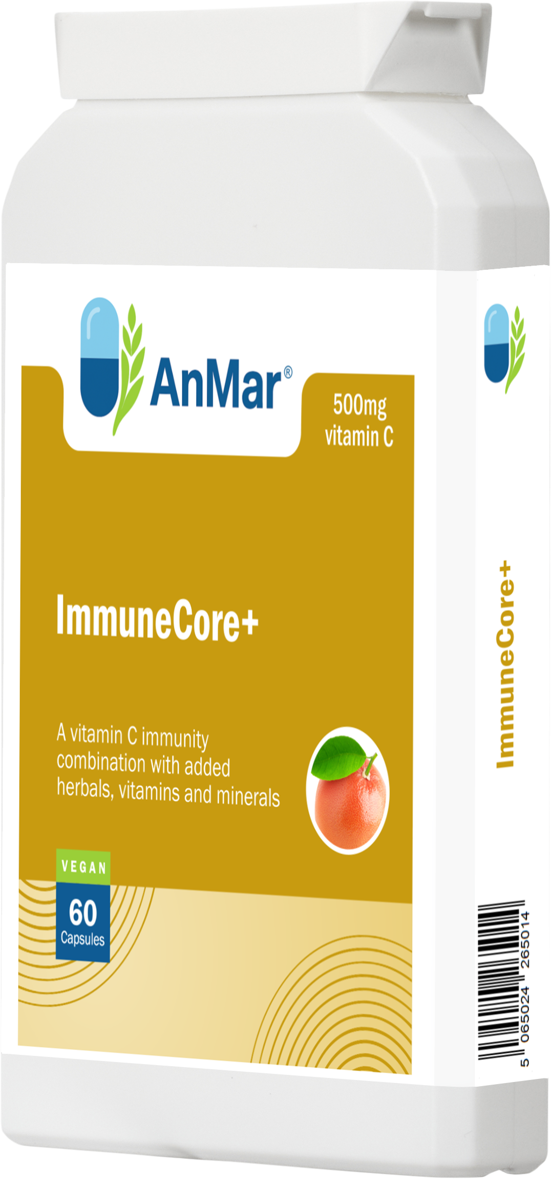 Reverse angle view of AnMar™ ImmuneCore+ bottle, featuring 500mg vitamin C with added herbs, vitamins, and minerals to support immune function. 60 vegan capsules.