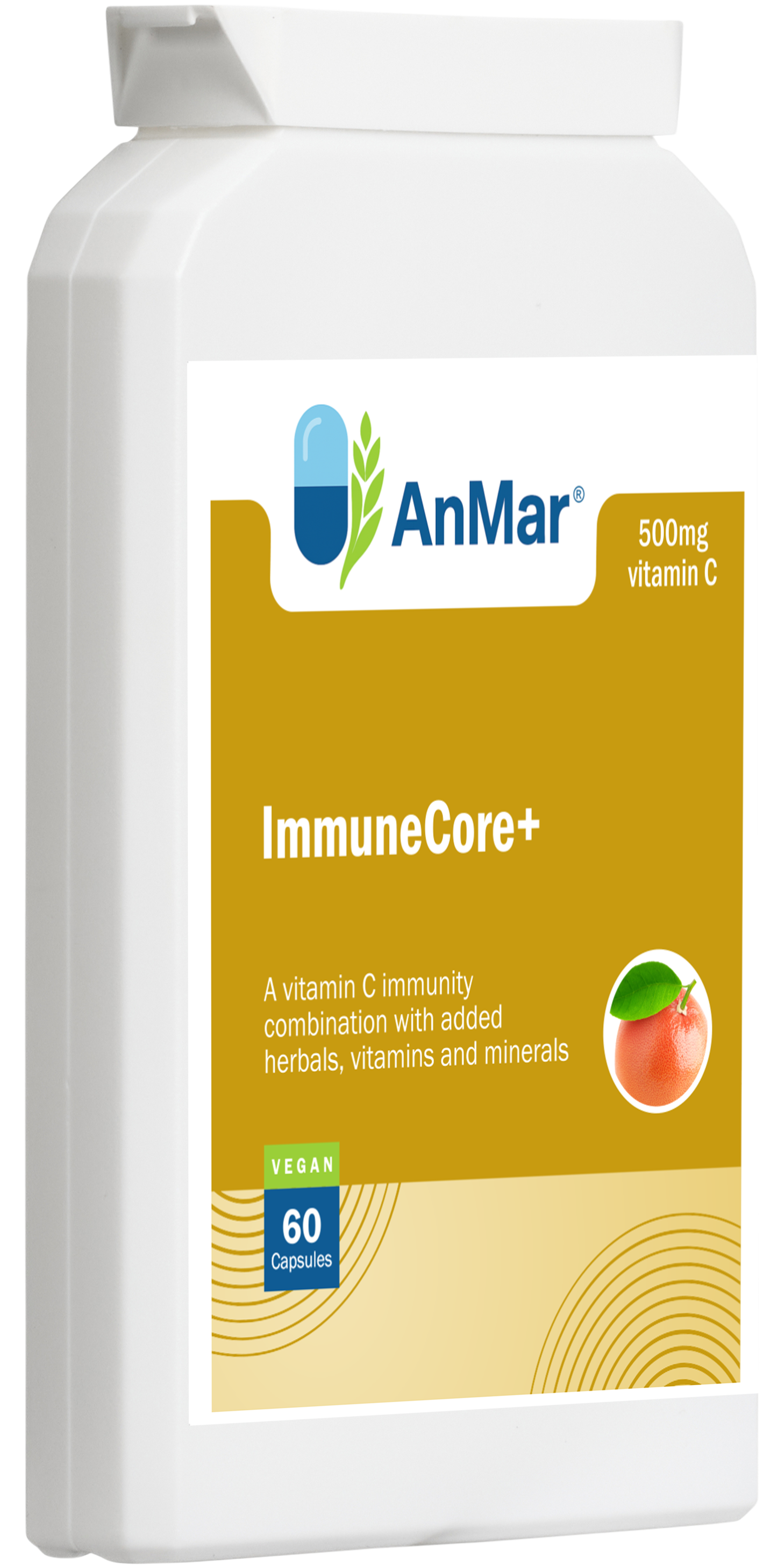 Angled front view of AnMar™ ImmuneCore+ supplement bottle featuring a 500mg vitamin C formula with added herbals, vitamins, and minerals. Vegan, 60 capsules.
