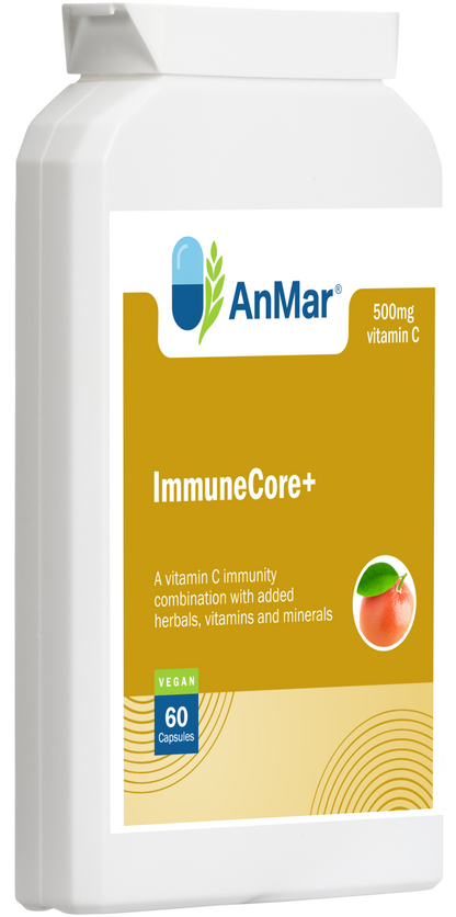 Angled front view of AnMar™ ImmuneCore+ supplement bottle featuring a 500mg vitamin C formula with added herbals, vitamins, and minerals. Vegan, 60 capsules.