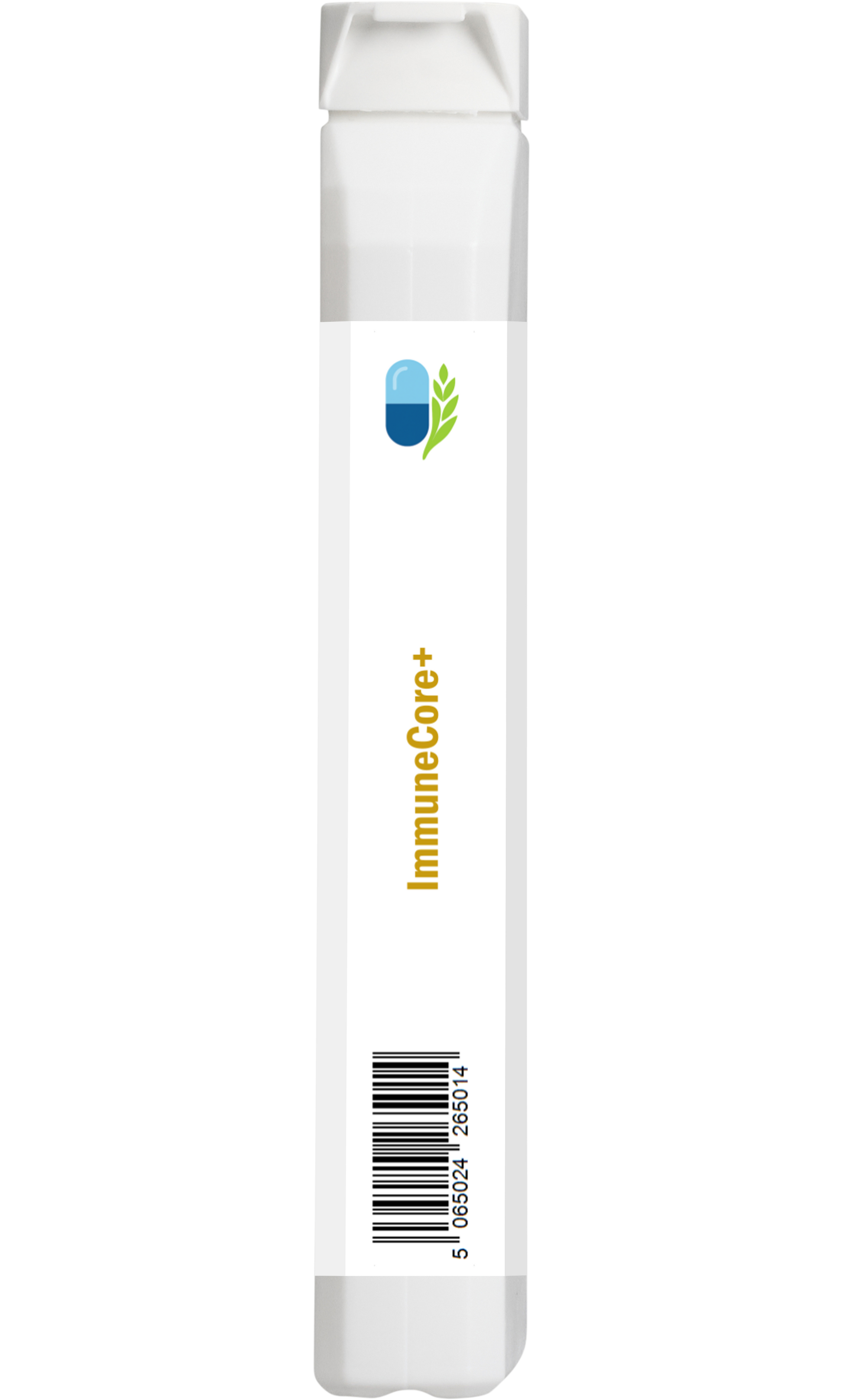 Side view of AnMar™ ImmuneCore+ 500mg vitamin C immune support supplement bottle, displaying barcode panel and slim profile of 60 vegan capsules.