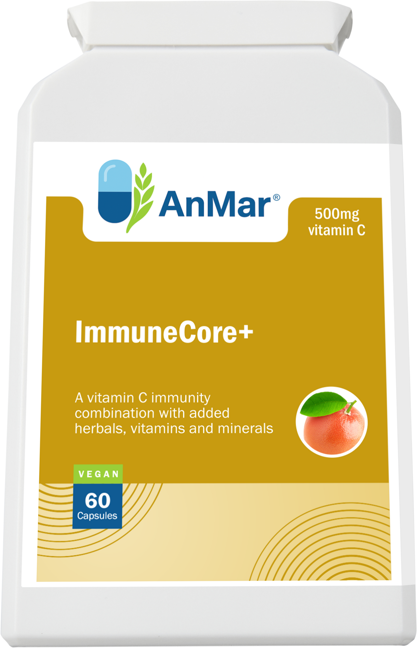Top-down product image of AnMar™ ImmuneCore+ bottle, a 500mg vitamin C supplement with added botanicals, minerals, and vitamins for immune support. 60 vegan capsules.