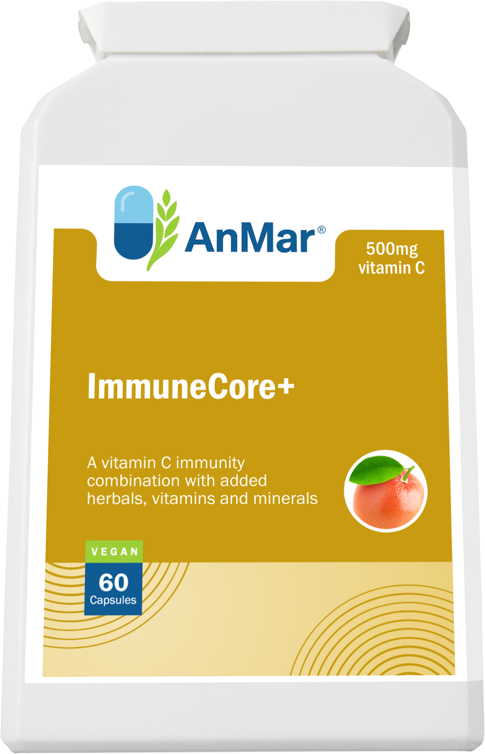 Top-down product image of AnMar™ ImmuneCore+ bottle, a 500mg vitamin C supplement with added botanicals, minerals, and vitamins for immune support. 60 vegan capsules.