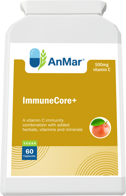 Top-down product image of AnMar™ ImmuneCore+ bottle, a 500mg vitamin C supplement with added botanicals, minerals, and vitamins for immune support. 60 vegan capsules.