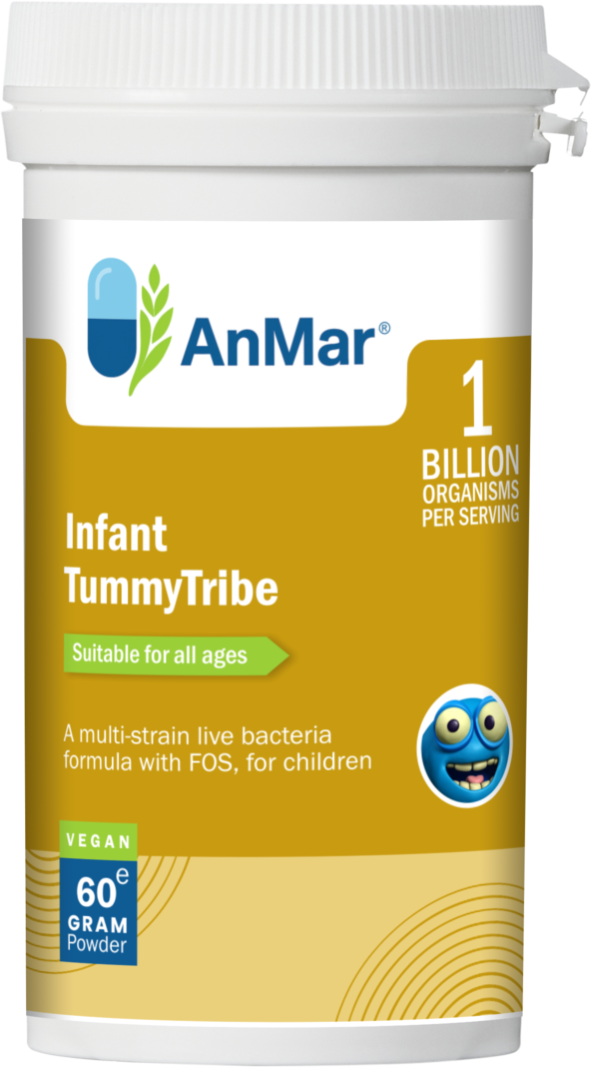 Angled image of AnMar™ Infant TummyTribe probiotic powder tub, showing blue label with friendly cartoon icon and details of 1 billion organisms per serving, suitable for all ages.