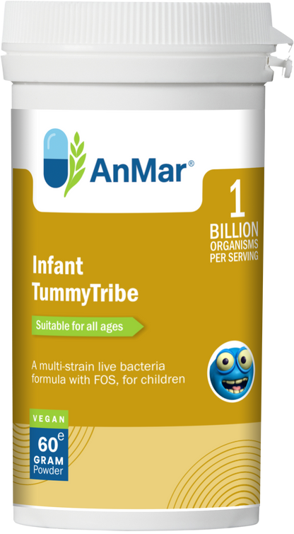 Angled image of AnMar™ Infant TummyTribe probiotic powder tub, showing blue label with friendly cartoon icon and details of 1 billion organisms per serving, suitable for all ages.