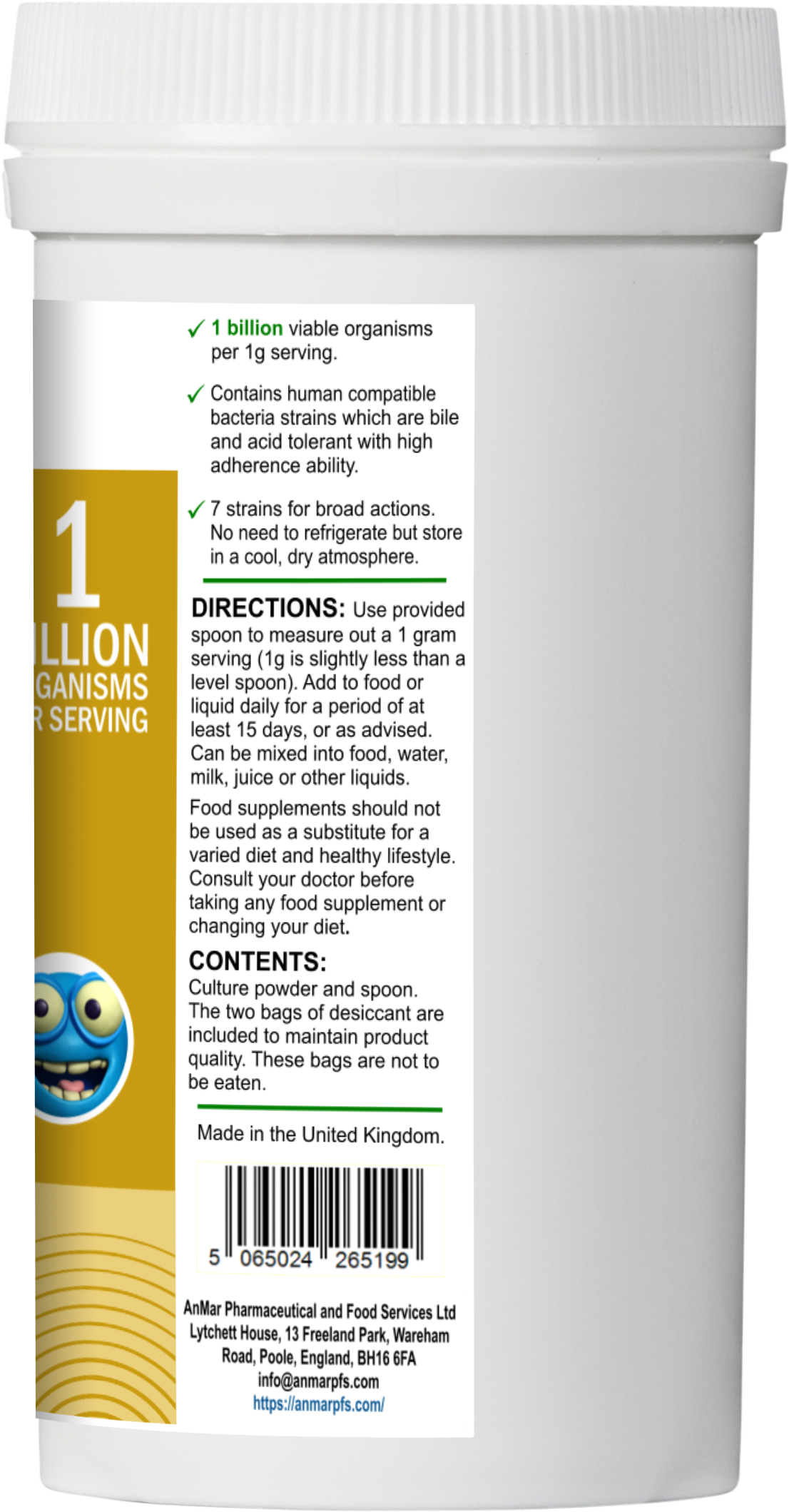 Rear label of AnMar™ Infant TummyTribe showing usage directions, storage guidance, 1 billion organisms per serving, and 7-strain probiotic benefits for children.