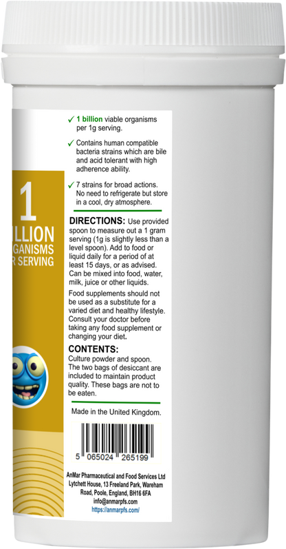Rear label of AnMar™ Infant TummyTribe showing usage directions, storage guidance, 1 billion organisms per serving, and 7-strain probiotic benefits for children.