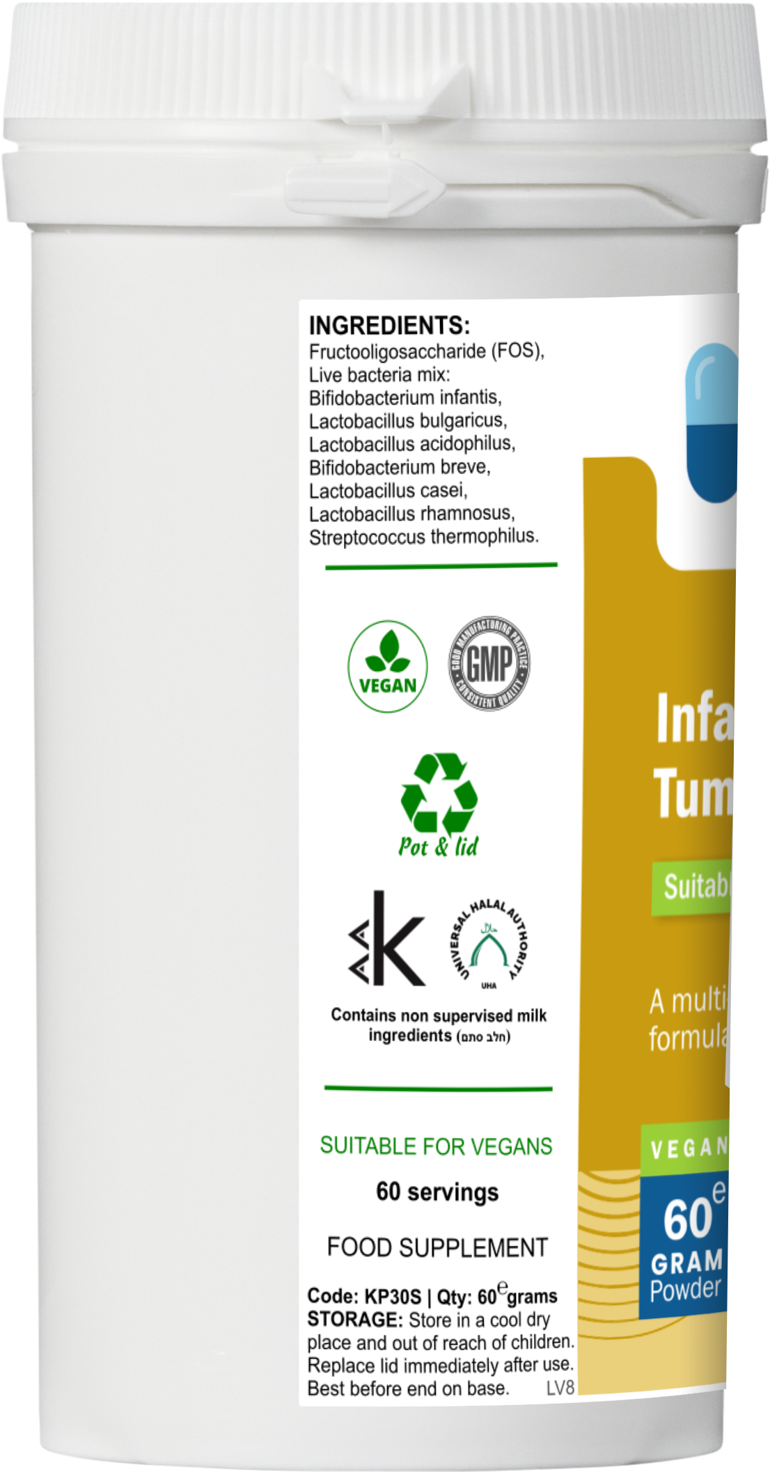 Side label of AnMar™ Infant TummyTribe showing ingredients list with live bacteria strains and FOS, plus vegan, GMP, recyclable, and kosher certifications.