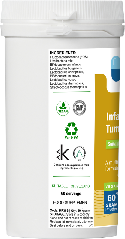 Side label of AnMar™ Infant TummyTribe showing ingredients list with live bacteria strains and FOS, plus vegan, GMP, recyclable, and kosher certifications.
