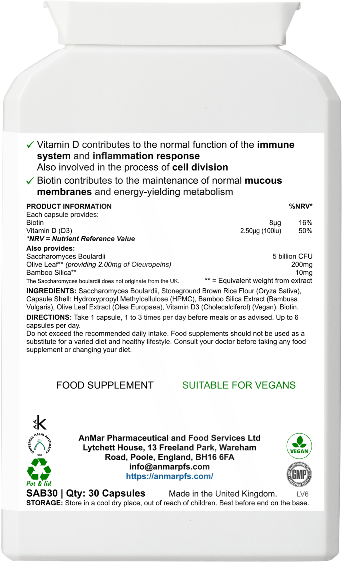 Back label of AnMar™ InnerEase Calm showing supplement facts, ingredients including Saccharomyces boulardii, olive leaf extract, bamboo silica, vitamin D3, and biotin, plus usage instructions.