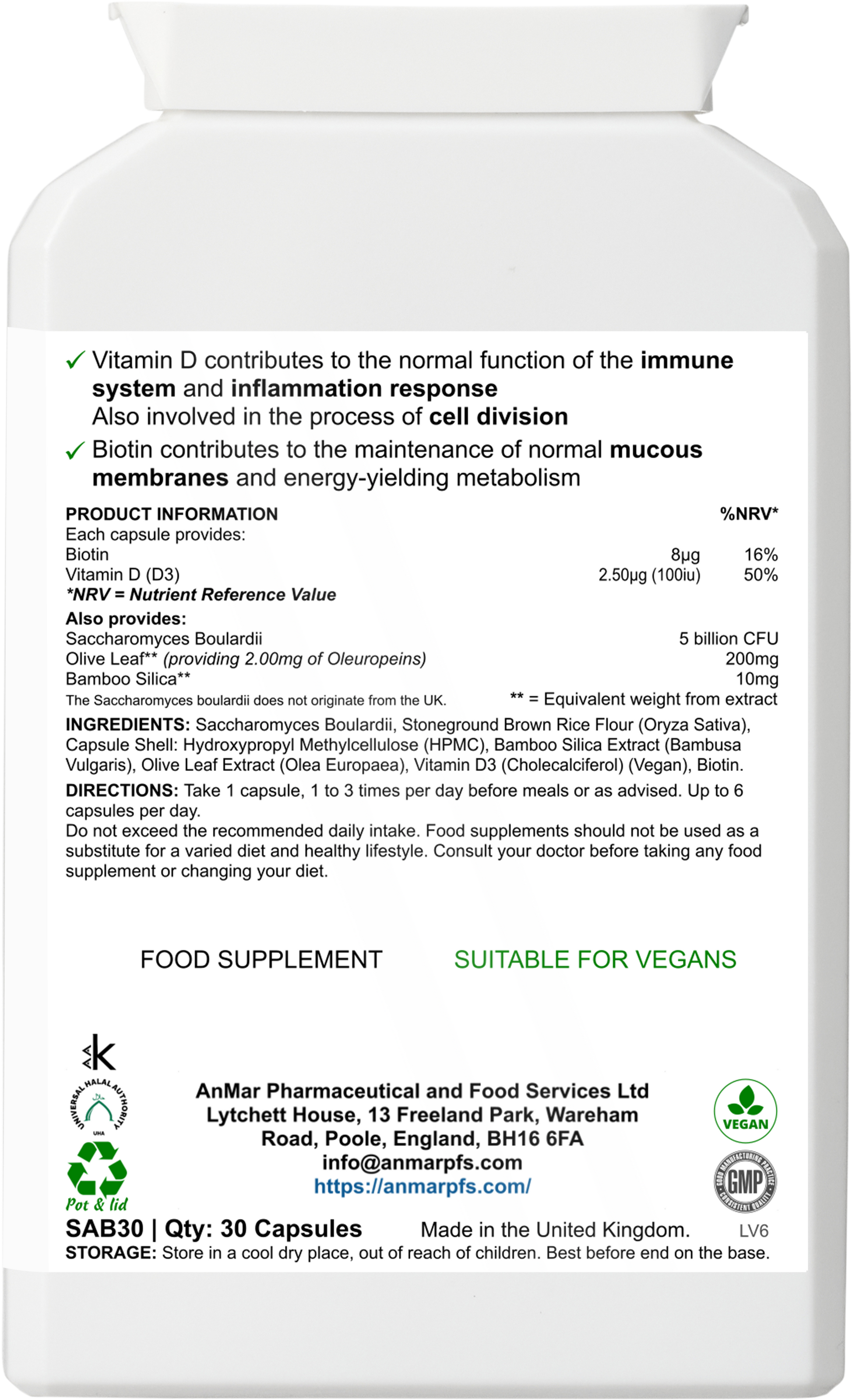 Back label of AnMar™ InnerEase Calm showing supplement facts, ingredients including Saccharomyces boulardii, olive leaf extract, bamboo silica, vitamin D3, and biotin, plus usage instructions.