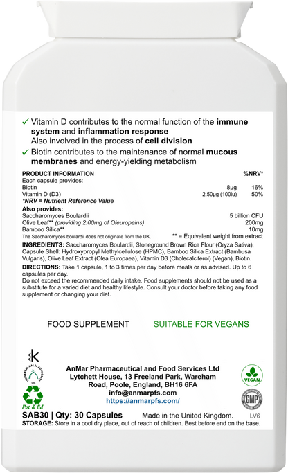 Back label of AnMar™ InnerEase Calm showing supplement facts, ingredients including Saccharomyces boulardii, olive leaf extract, bamboo silica, vitamin D3, and biotin, plus usage instructions.