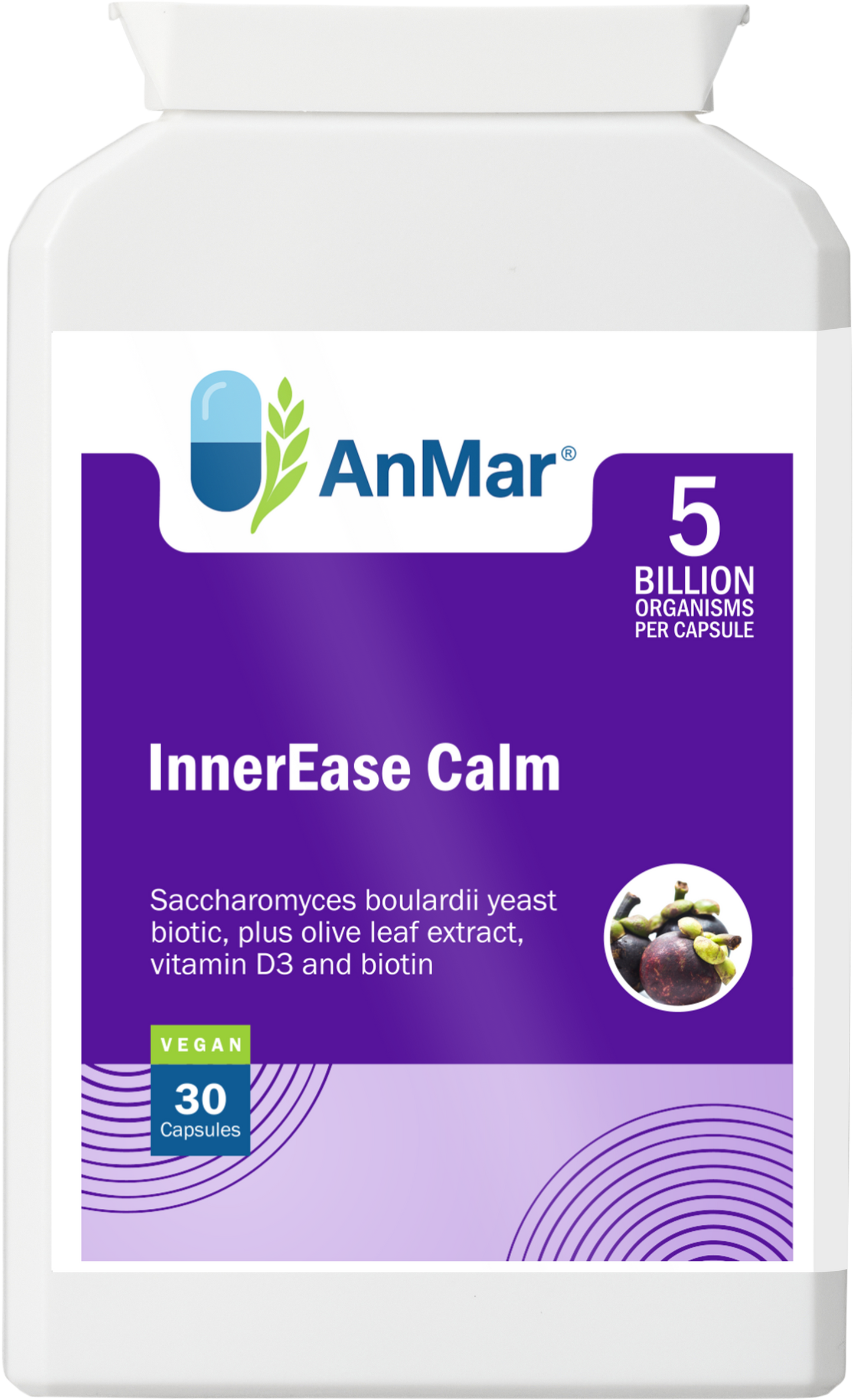 Front view of AnMar™ InnerEase Calm supplement bottle showing 5 billion organisms per capsule with olive leaf extract, D3 and biotin.