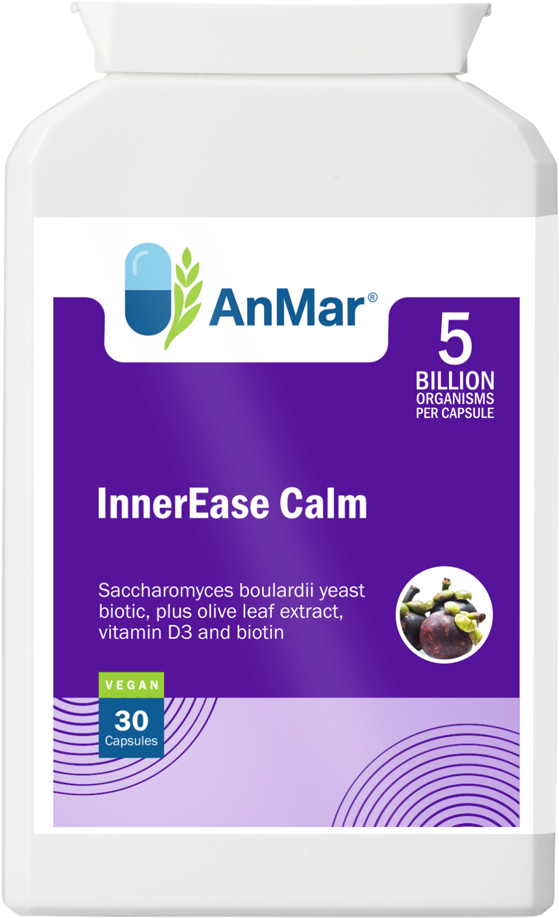 Front view of AnMar™ InnerEase Calm supplement bottle showing 5 billion organisms per capsule with olive leaf extract, D3 and biotin.