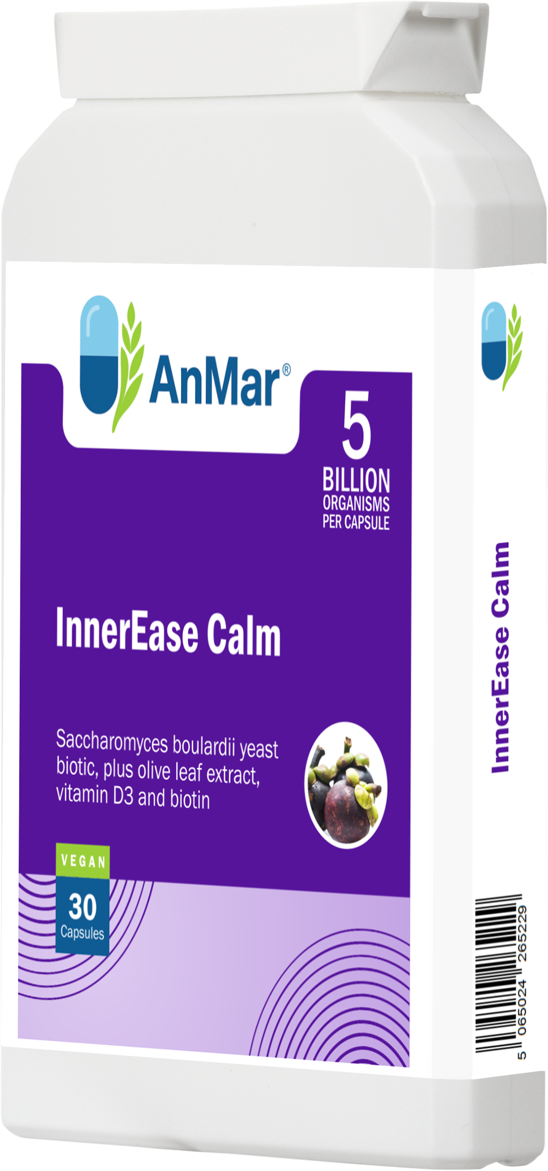 Angled front view of AnMar™ InnerEase Calm bottle showing 5 billion organisms per capsule, with Saccharomyces boulardii, olive leaf extract, vitamin D3, and biotin. Vegan, 30 capsules.