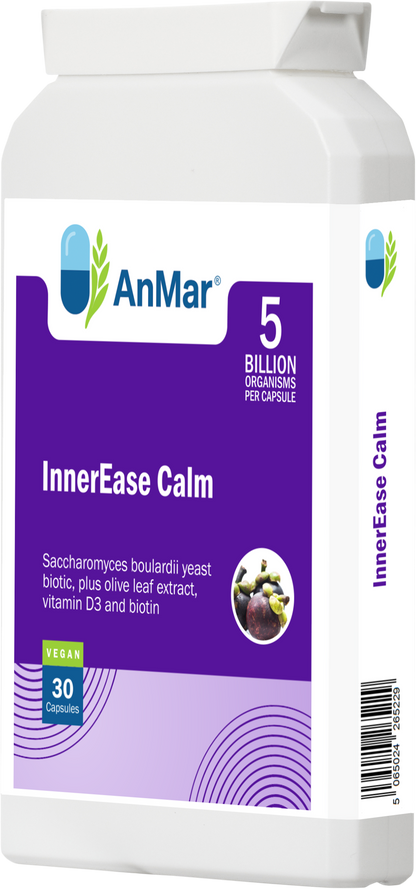 Angled front view of AnMar™ InnerEase Calm bottle showing 5 billion organisms per capsule, with Saccharomyces boulardii, olive leaf extract, vitamin D3, and biotin. Vegan, 30 capsules.