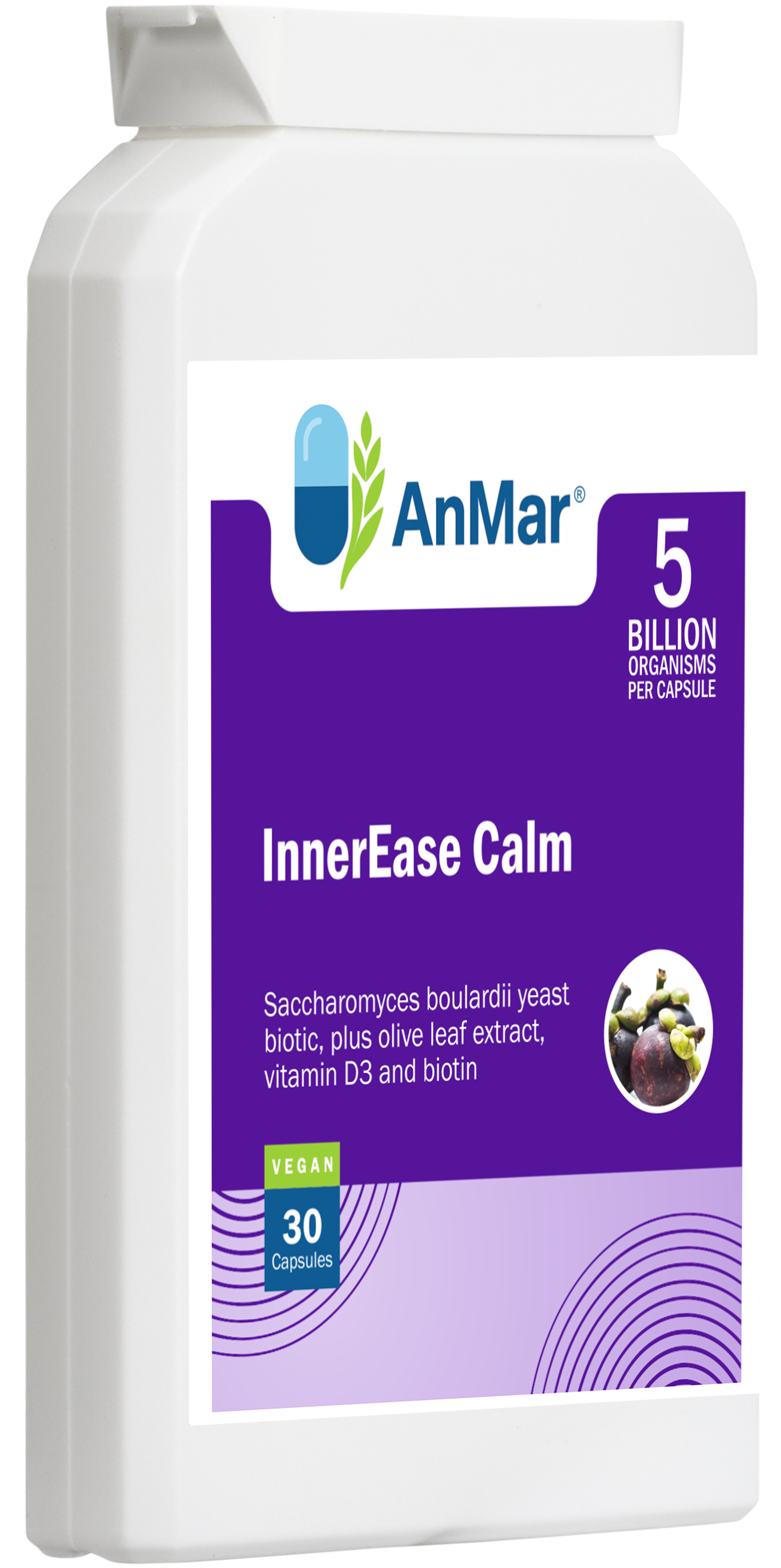Angled front view of AnMar™ InnerEase Calm bottle showing product label, 5 billion organisms per capsule, and vegan-friendly 30 capsule count.