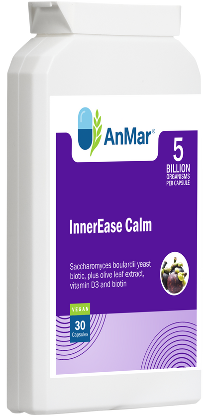 Angled front view of AnMar™ InnerEase Calm bottle showing product label, 5 billion organisms per capsule, and vegan-friendly 30 capsule count.