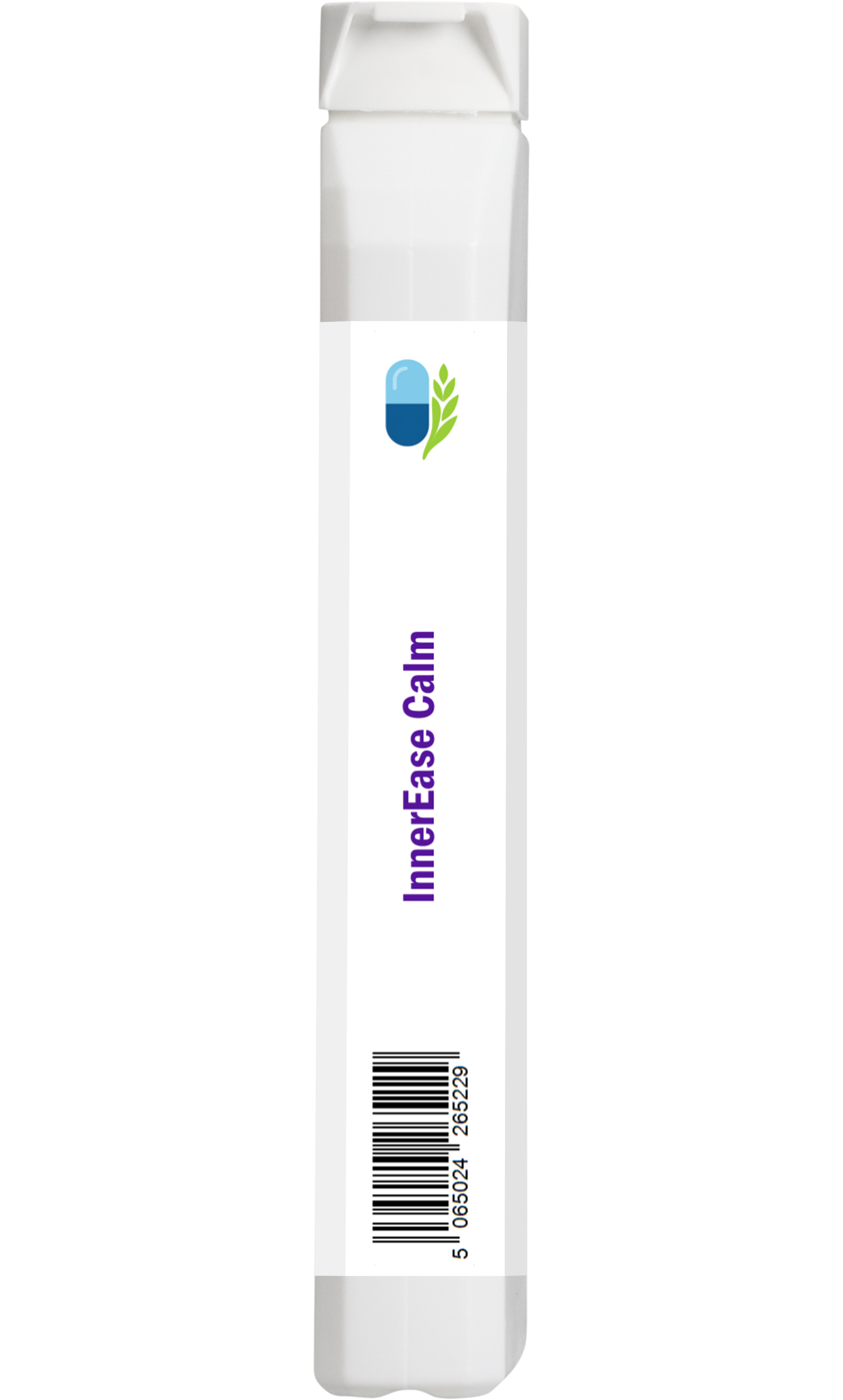 Side view of AnMar™ InnerEase Calm bottle showing barcode and slim profile packaging. Contains 30 vegan capsules with Saccharomyces boulardii and olive leaf.