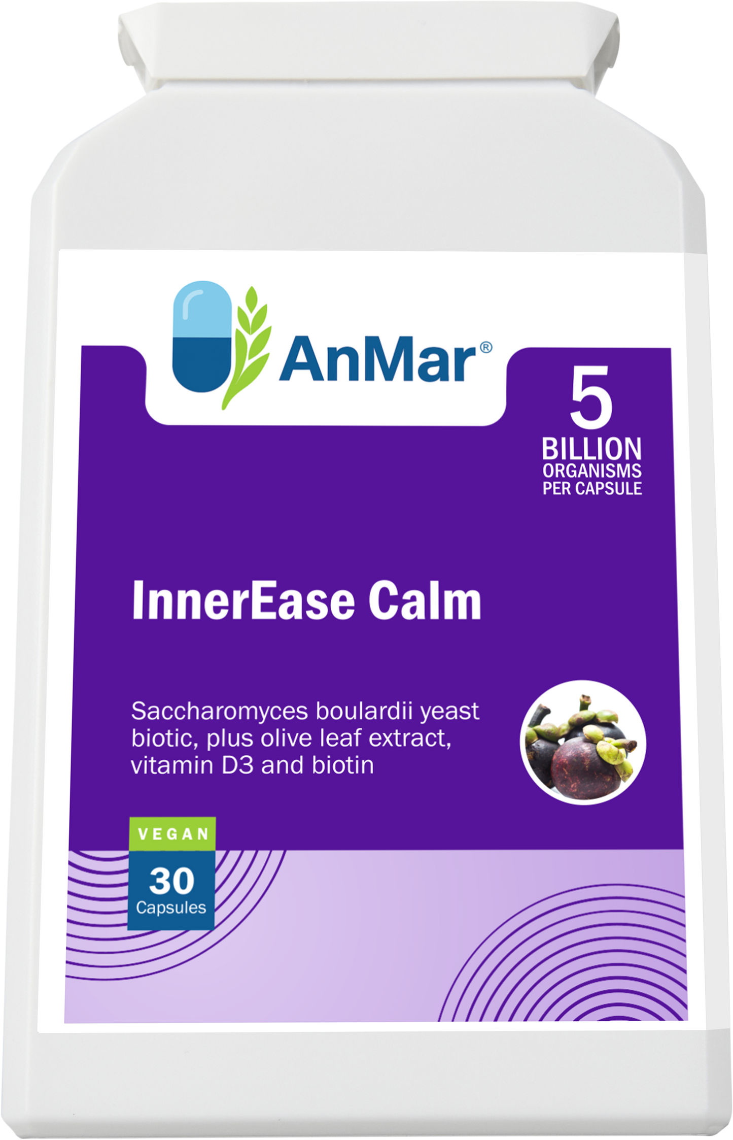 Front label of AnMar™ InnerEase Calm showing it contains 5 billion organisms per capsule, featuring Saccharomyces boulardii, olive leaf extract, vitamin D3, and biotin. Vegan formula with 30 capsules.