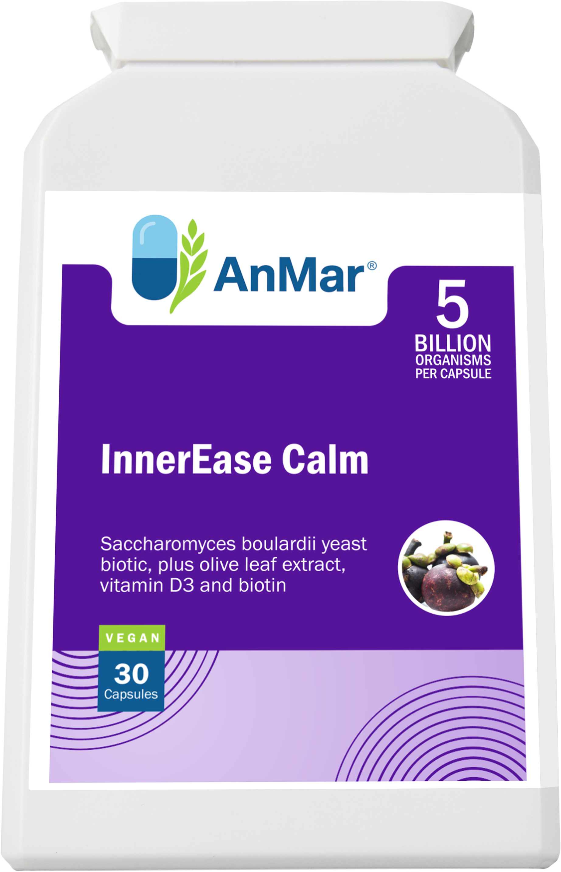 Front label of AnMar™ InnerEase Calm showing it contains 5 billion organisms per capsule, featuring Saccharomyces boulardii, olive leaf extract, vitamin D3, and biotin. Vegan formula with 30 capsules.