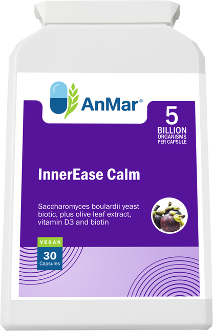 Front label of AnMar™ InnerEase Calm showing it contains 5 billion organisms per capsule, featuring Saccharomyces boulardii, olive leaf extract, vitamin D3, and biotin. Vegan formula with 30 capsules.