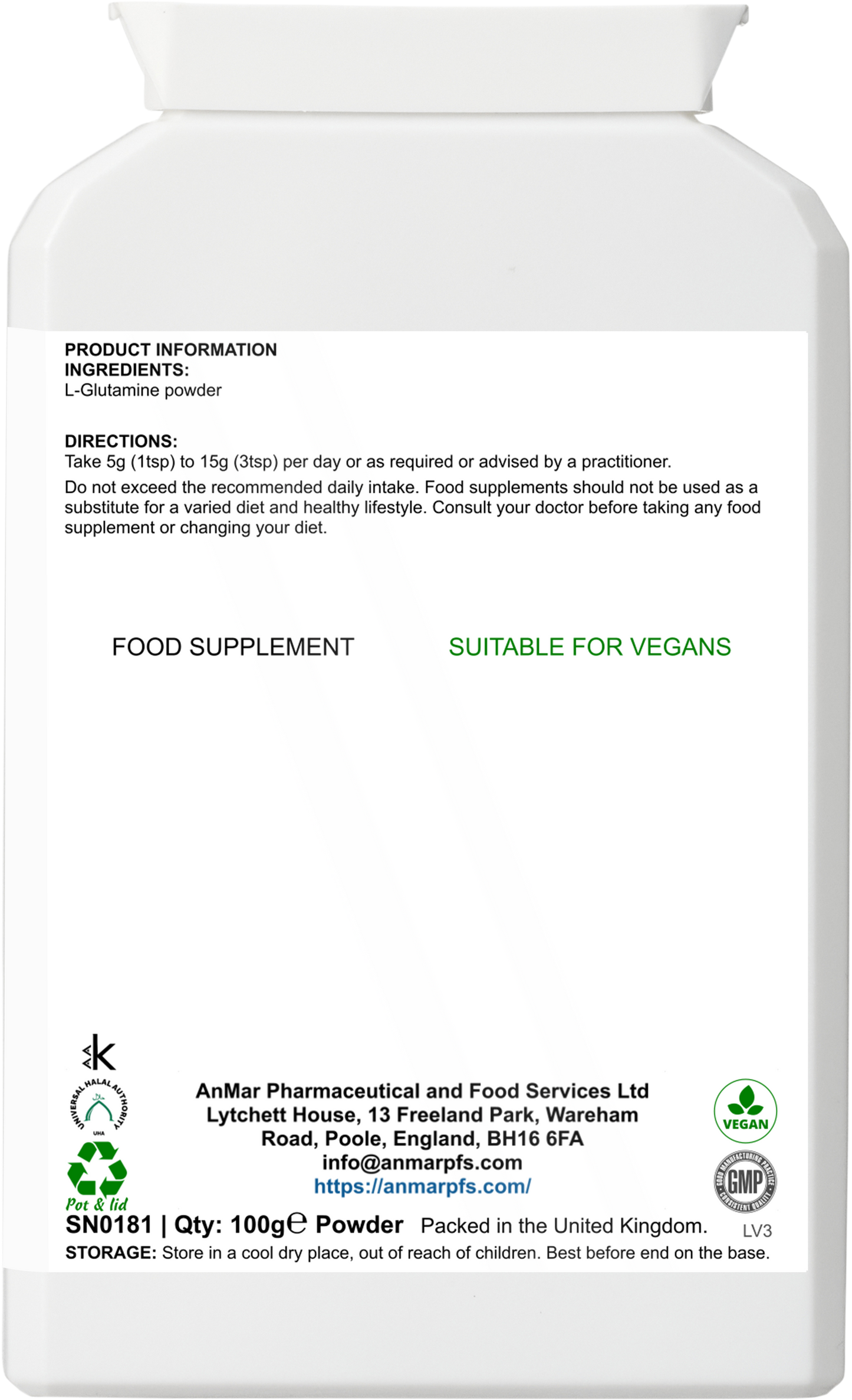 Back label of AnMar™ L-Glutamine Boost 100g powder showing ingredients, usage directions, and vegan suitability.