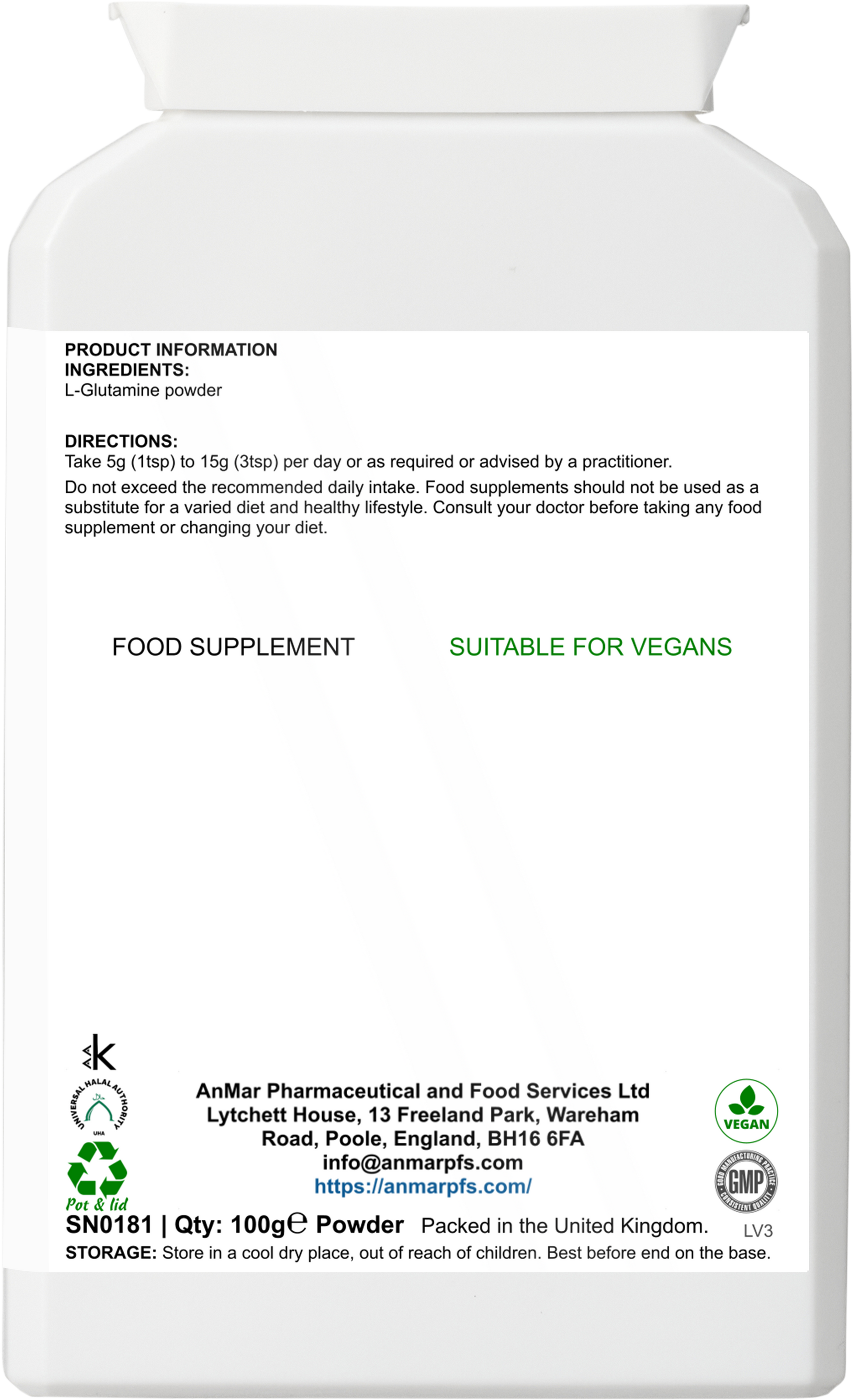 Back label of AnMar™ L-Glutamine Boost 100g powder showing ingredients, usage directions, and vegan suitability.