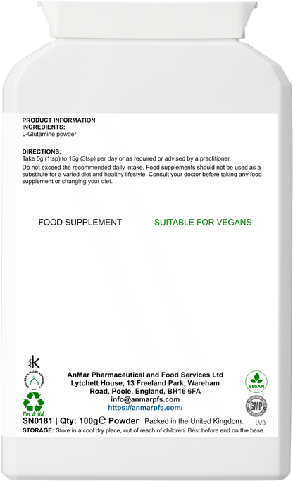 Back label of AnMar™ L-Glutamine Boost 100g powder showing ingredients, usage directions, and vegan suitability.