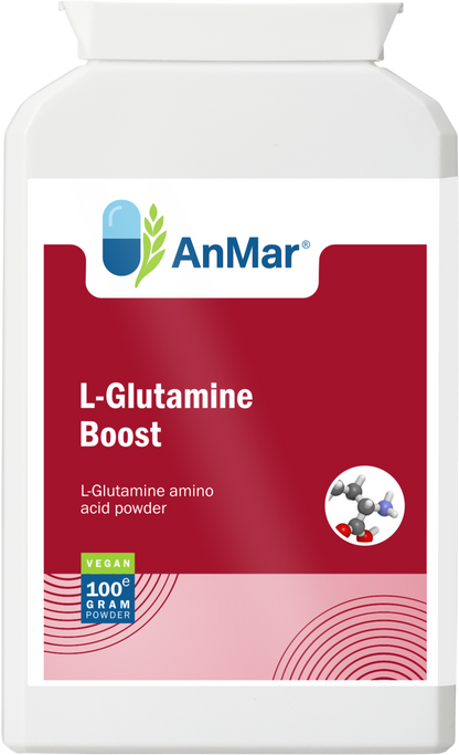 Front label of AnMar™ L-Glutamine Boost 100g vegan amino acid powder with molecule graphic and product details.