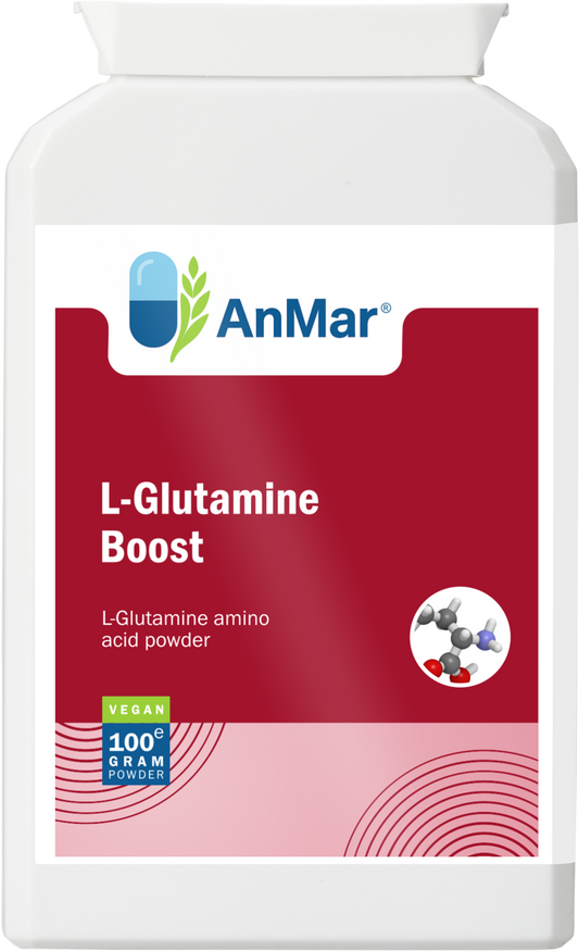 Front label of AnMar™ L-Glutamine Boost 100g vegan amino acid powder with molecule graphic and product details.