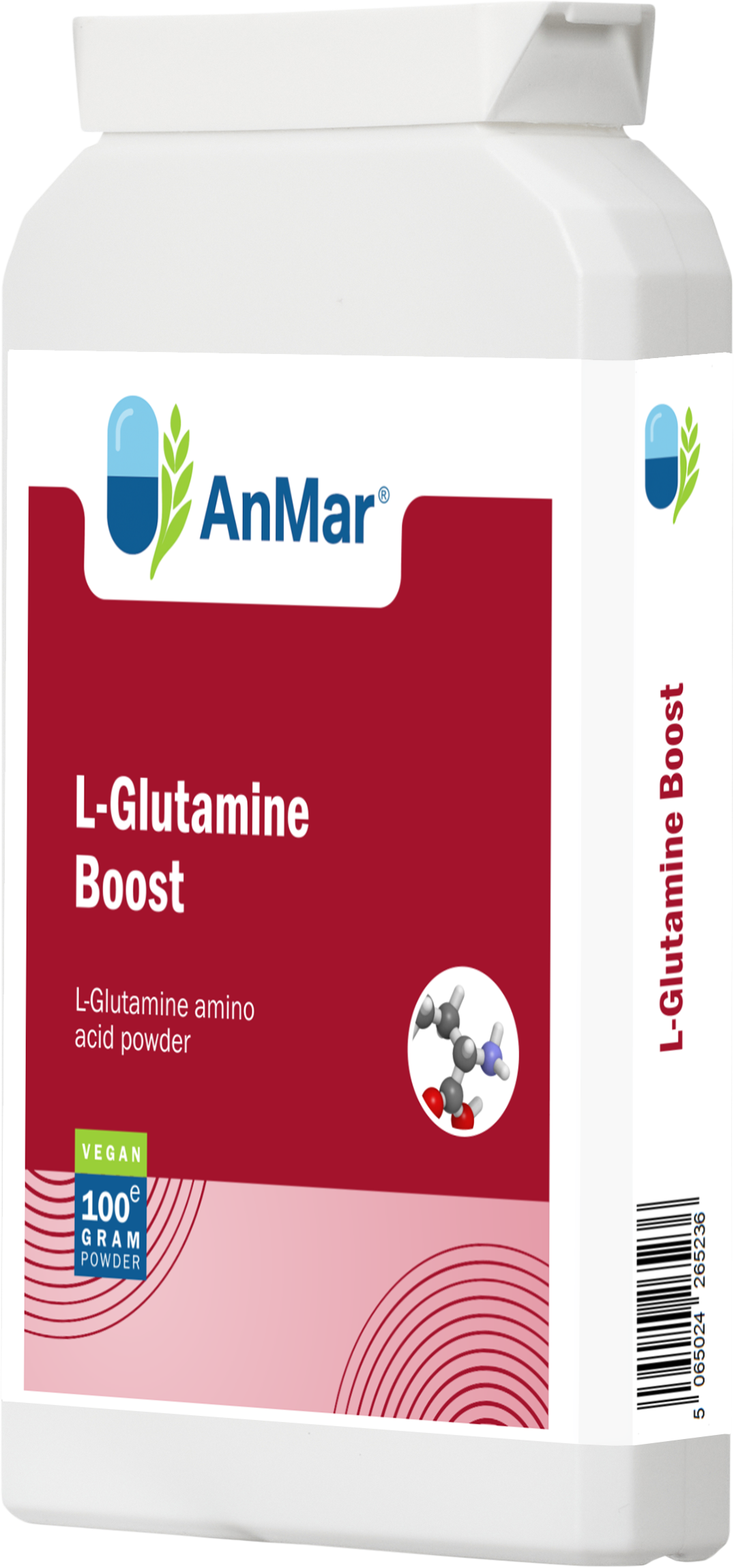 Angled front view of AnMar™ L-Glutamine Boost 100g powder showing the product label and barcode panel.