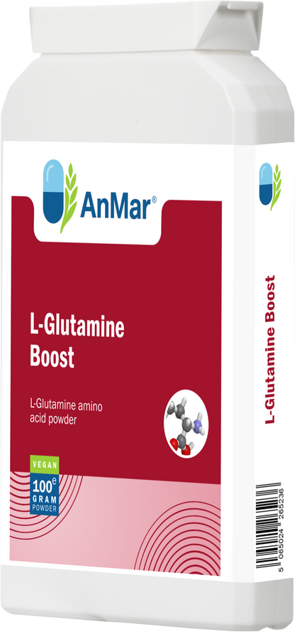 Angled front view of AnMar™ L-Glutamine Boost 100g powder showing the product label and barcode panel.