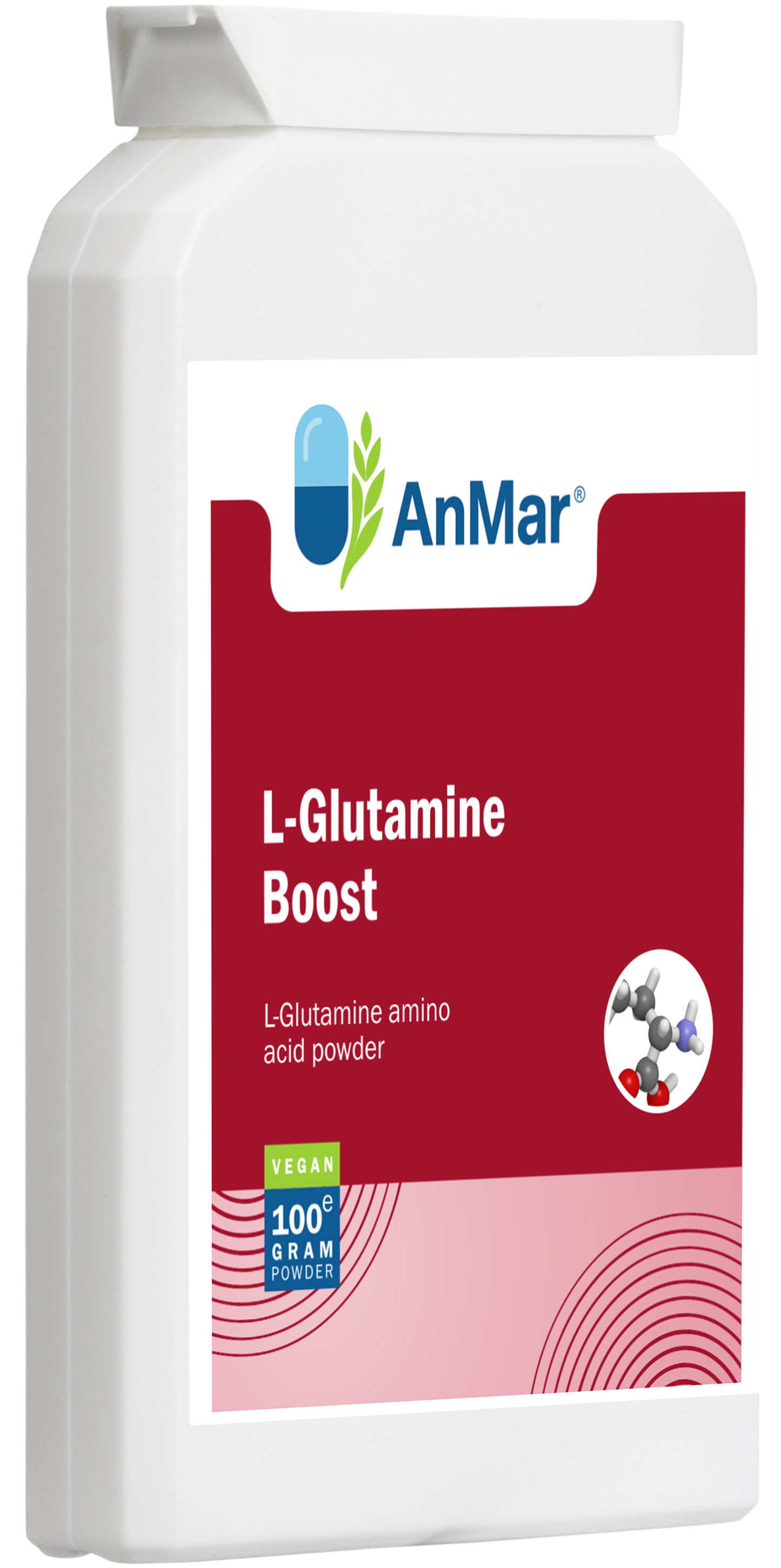 Angled front view of AnMar™ L-Glutamine Boost 100g amino acid powder showing vegan-friendly packaging and molecular illustration.