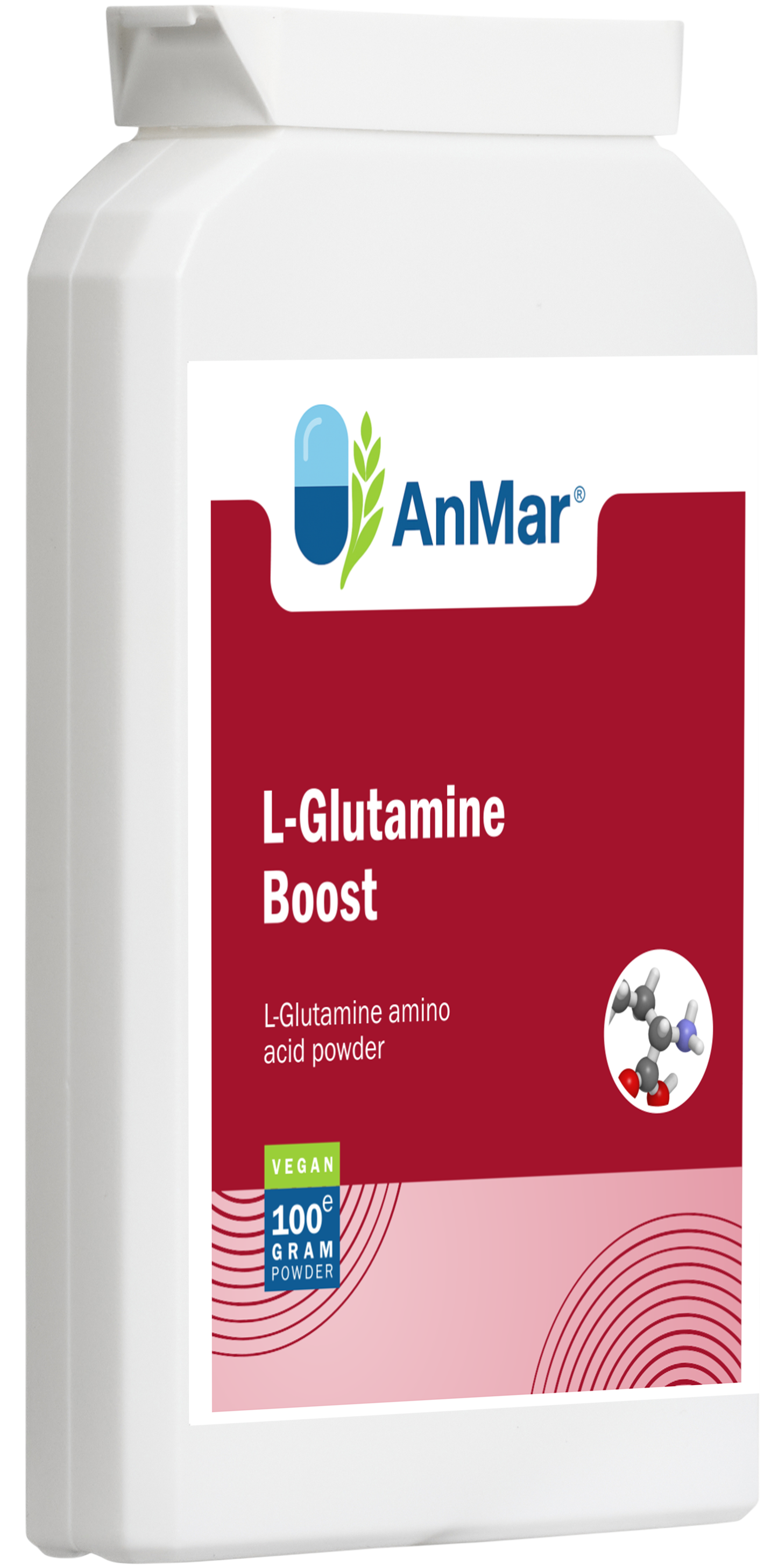 Angled front view of AnMar™ L-Glutamine Boost 100g amino acid powder showing vegan-friendly packaging and molecular illustration.