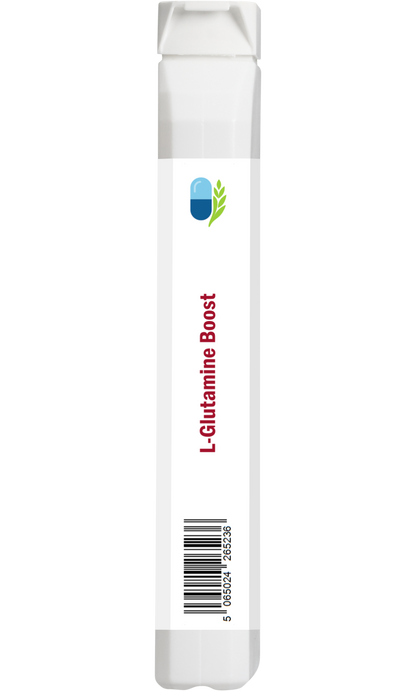 Side view of AnMar™ L-Glutamine Boost 100g powder bottle featuring the barcode and blank label panel.