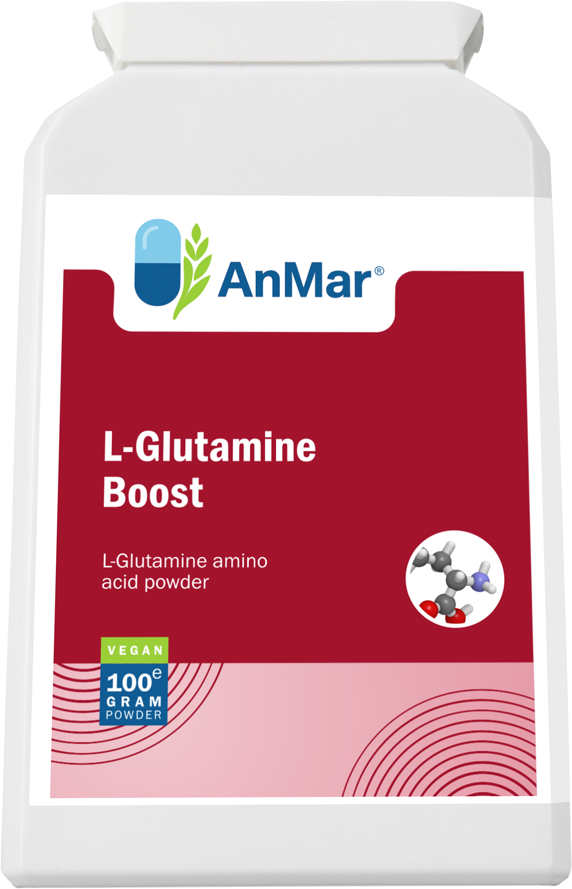 Angled front label view of AnMar™ L-Glutamine Boost 100g vegan amino acid powder with molecule graphic.