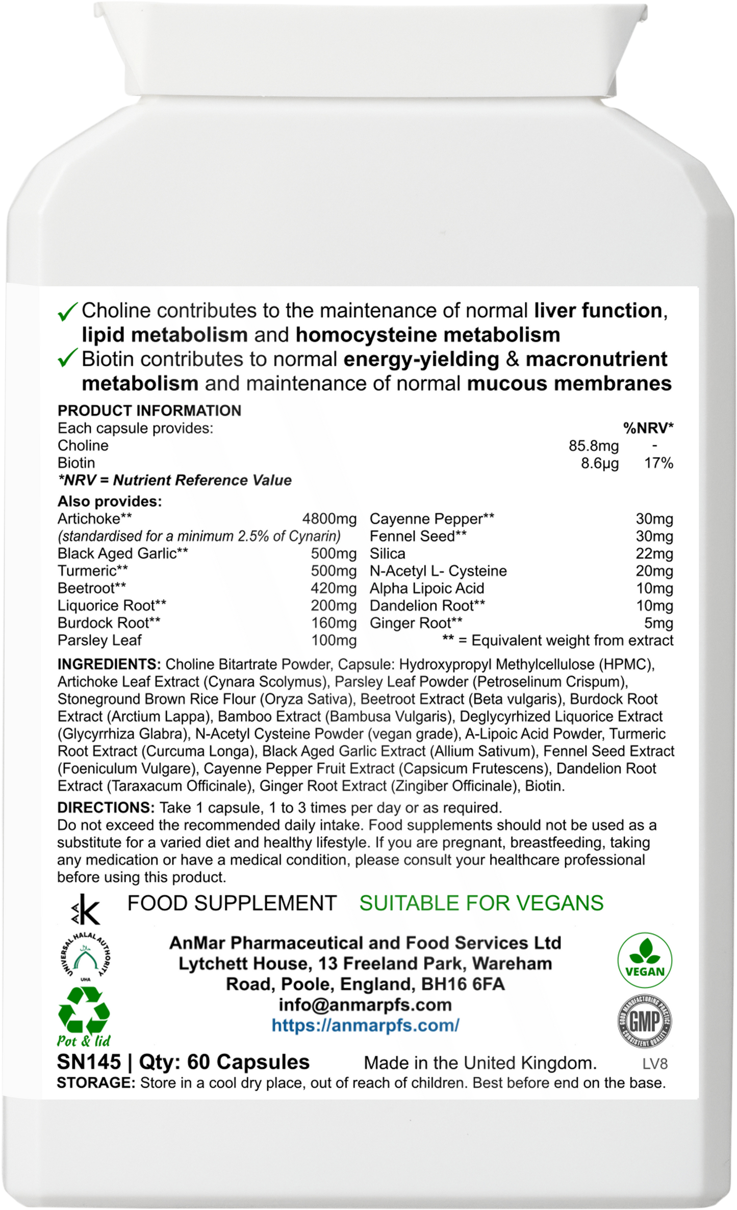 Back label view of AnMar™ LiverPurity supplement bottle showing full ingredient list, usage directions, and nutritional values for liver support.