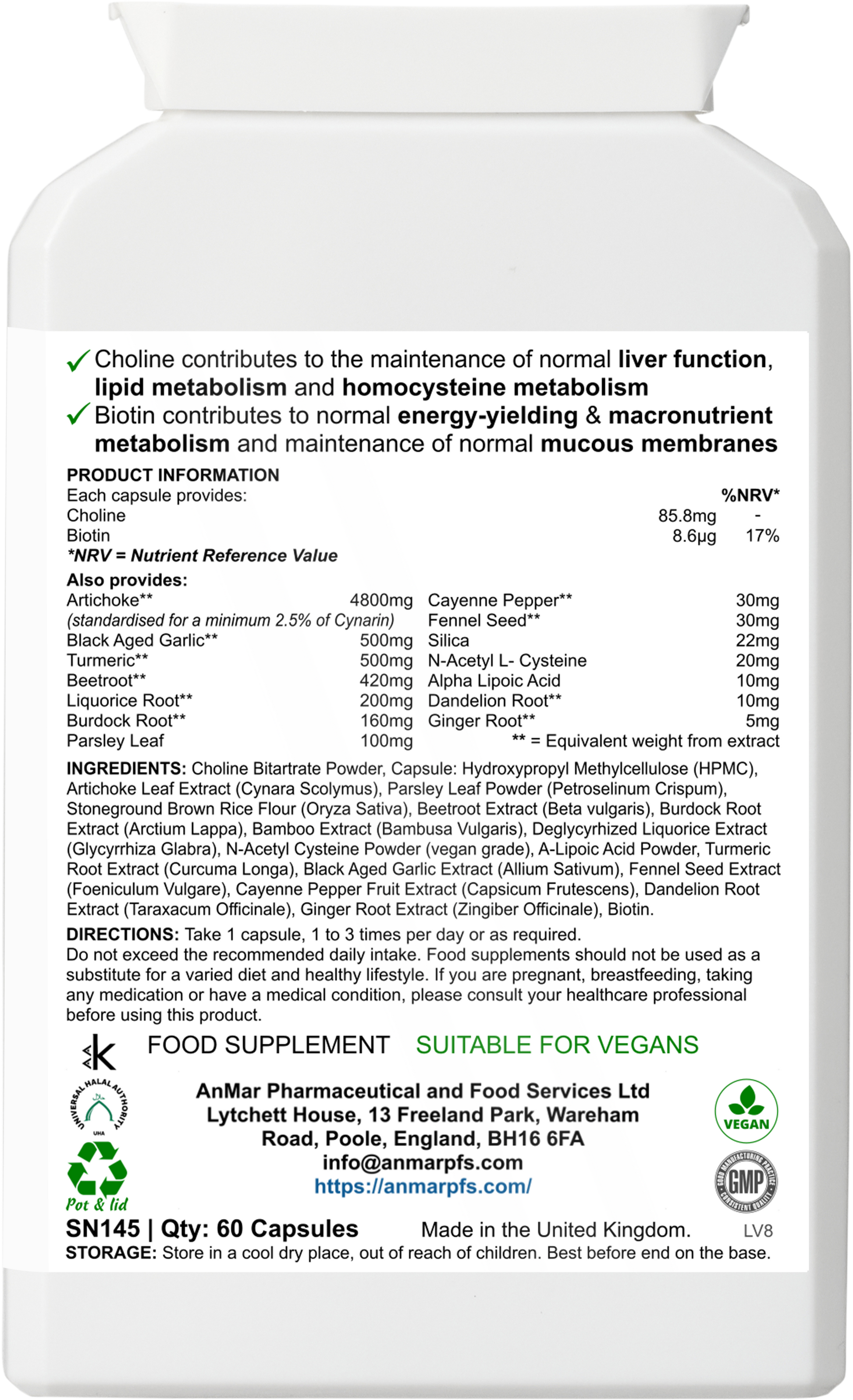 Back label view of AnMar™ LiverPurity supplement bottle showing full ingredient list, usage directions, and nutritional values for liver support.