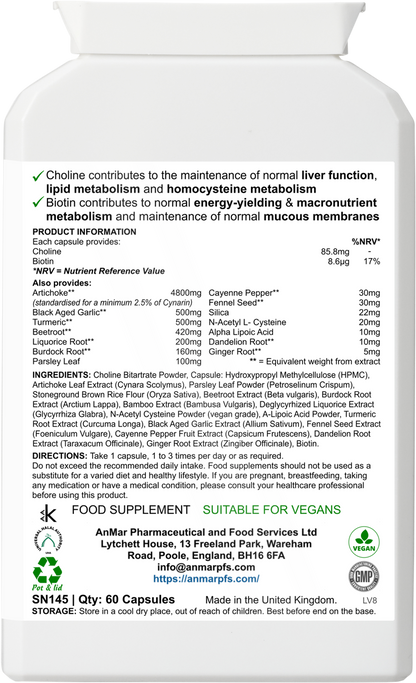 Back label view of AnMar™ LiverPurity supplement bottle showing full ingredient list, usage directions, and nutritional values for liver support.