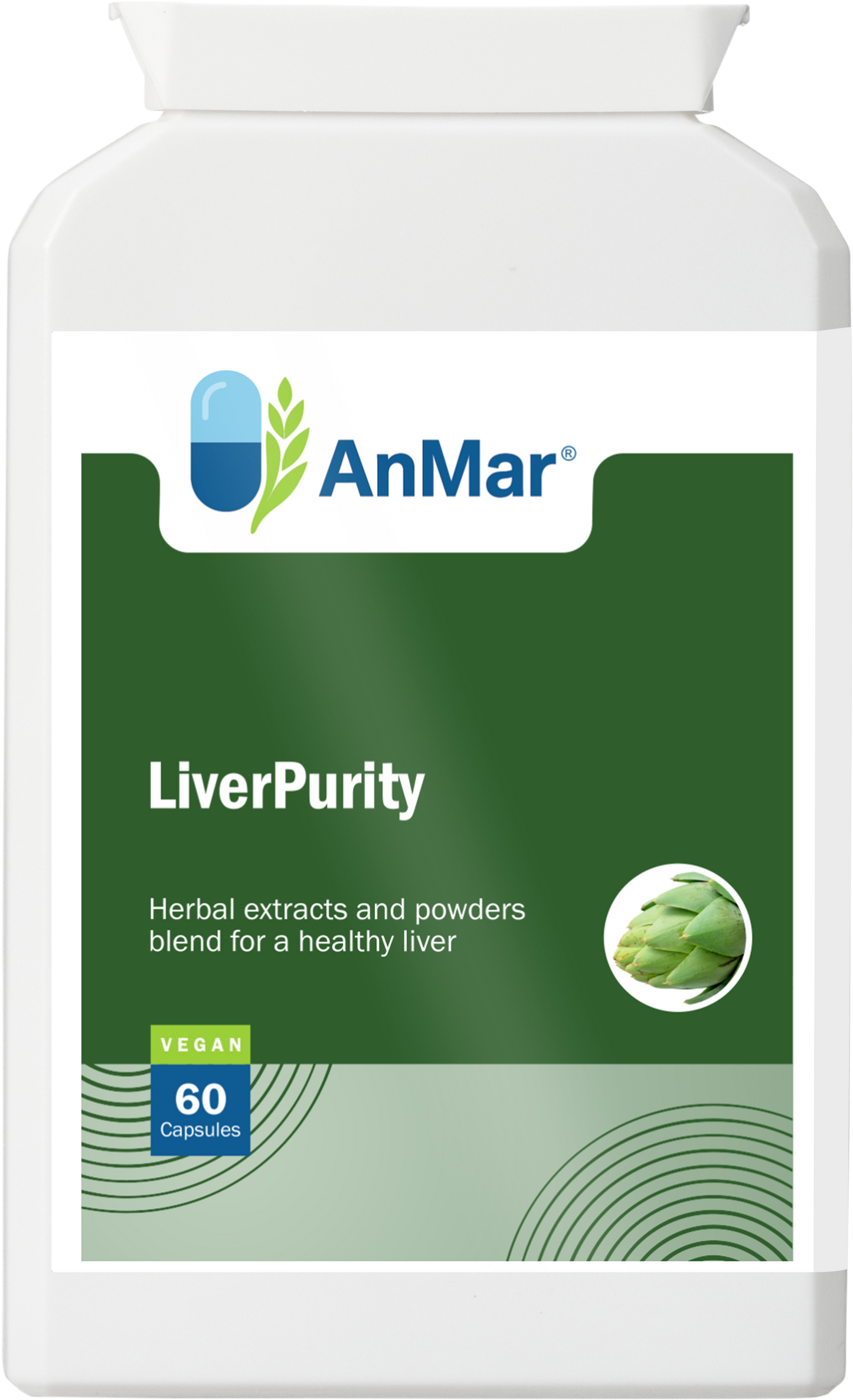 Front view of AnMar™ LiverPurity supplement bottle showing product label with green artichoke icon and vegan certification.