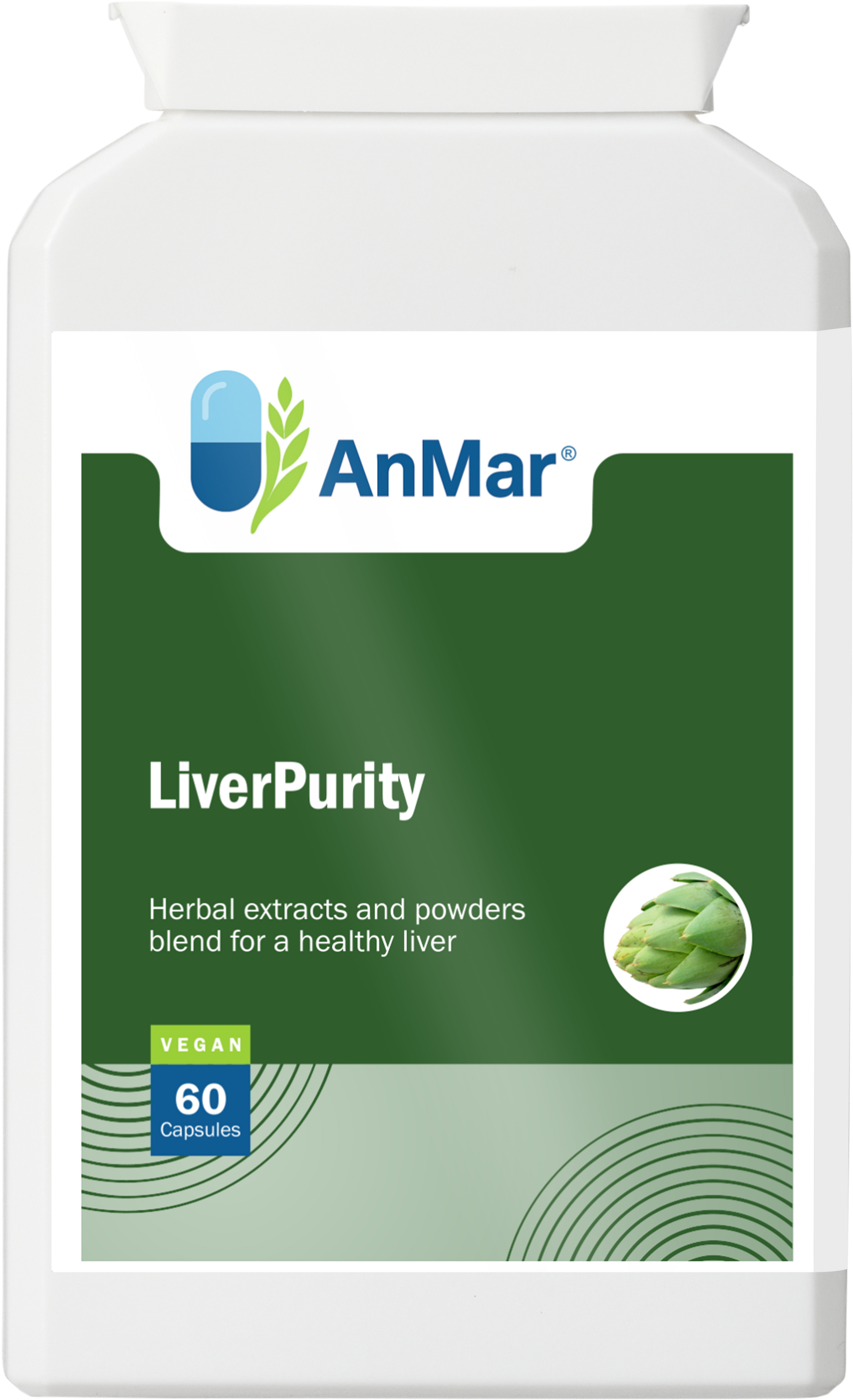 Front view of AnMar™ LiverPurity supplement bottle showing product label with green artichoke icon and vegan certification.