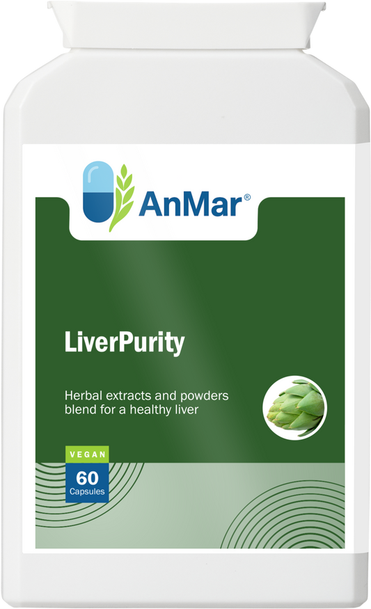 Front view of AnMar™ LiverPurity supplement bottle showing product label with green artichoke icon and vegan certification.