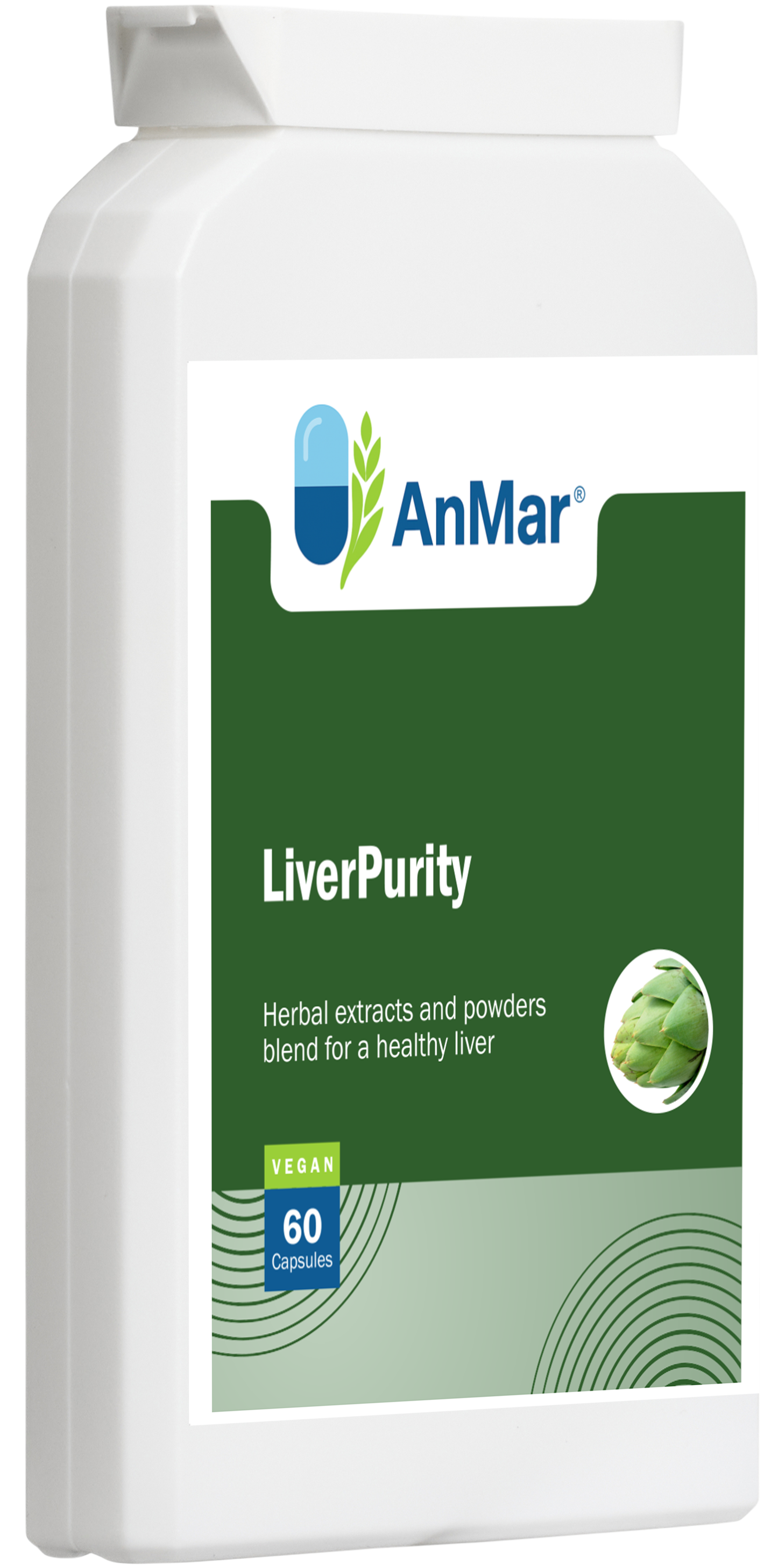 Angled front view of AnMar™ LiverPurity supplement showing label with vegan icon, 60 capsules, and liver health support formula.