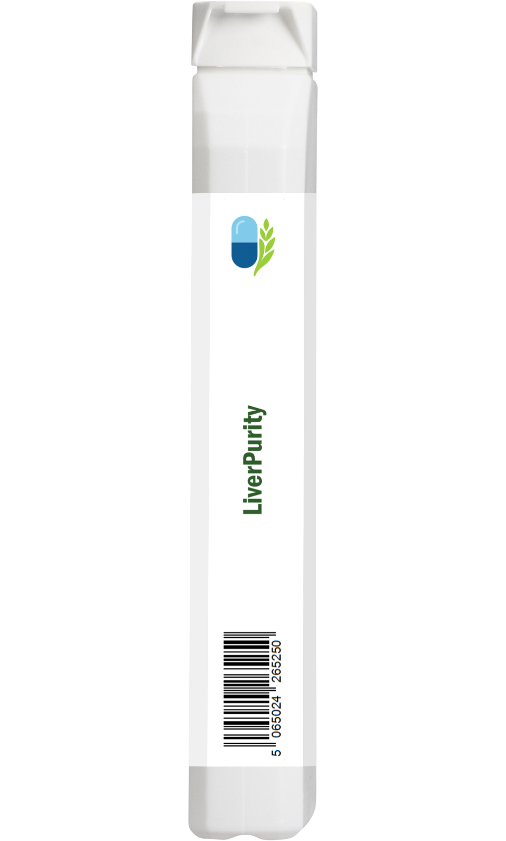 Side view of AnMar™ LiverPurity supplement bottle showing vertical barcode label and white packaging.