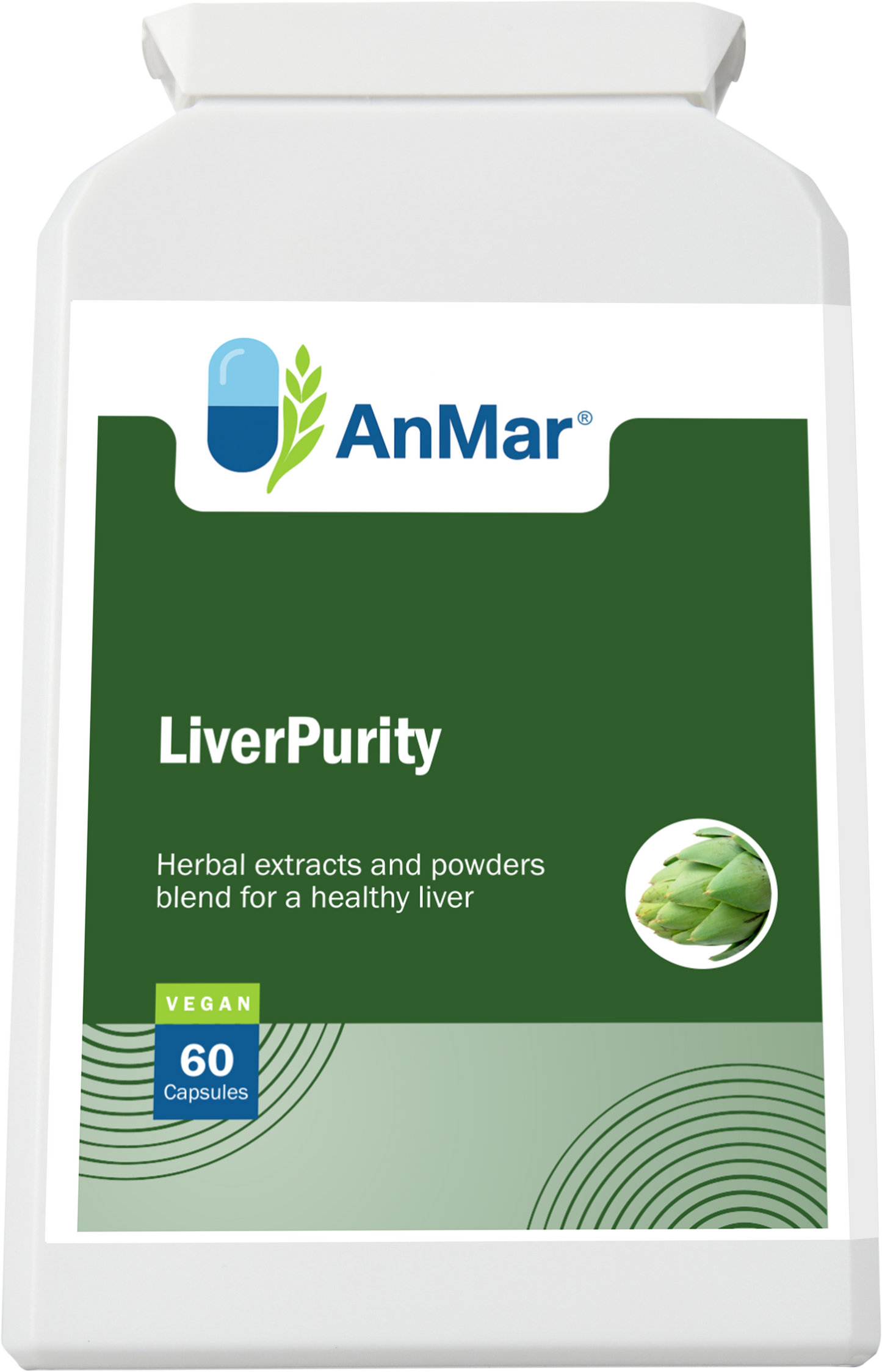 Angled front view of AnMar™ LiverPurity bottle showing the product label with liver support description and green artichoke image.