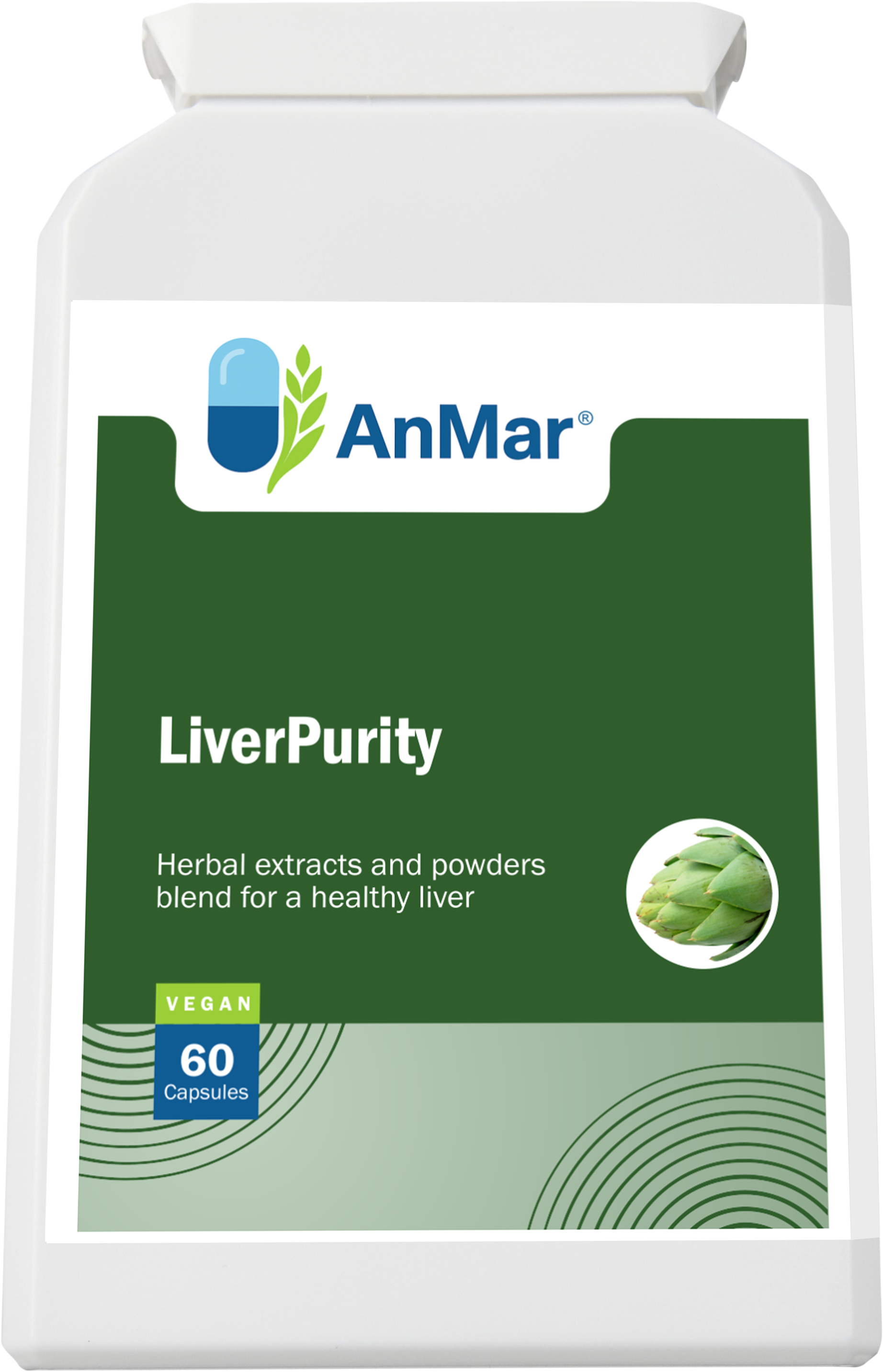 Angled front view of AnMar™ LiverPurity bottle showing the product label with liver support description and green artichoke image.