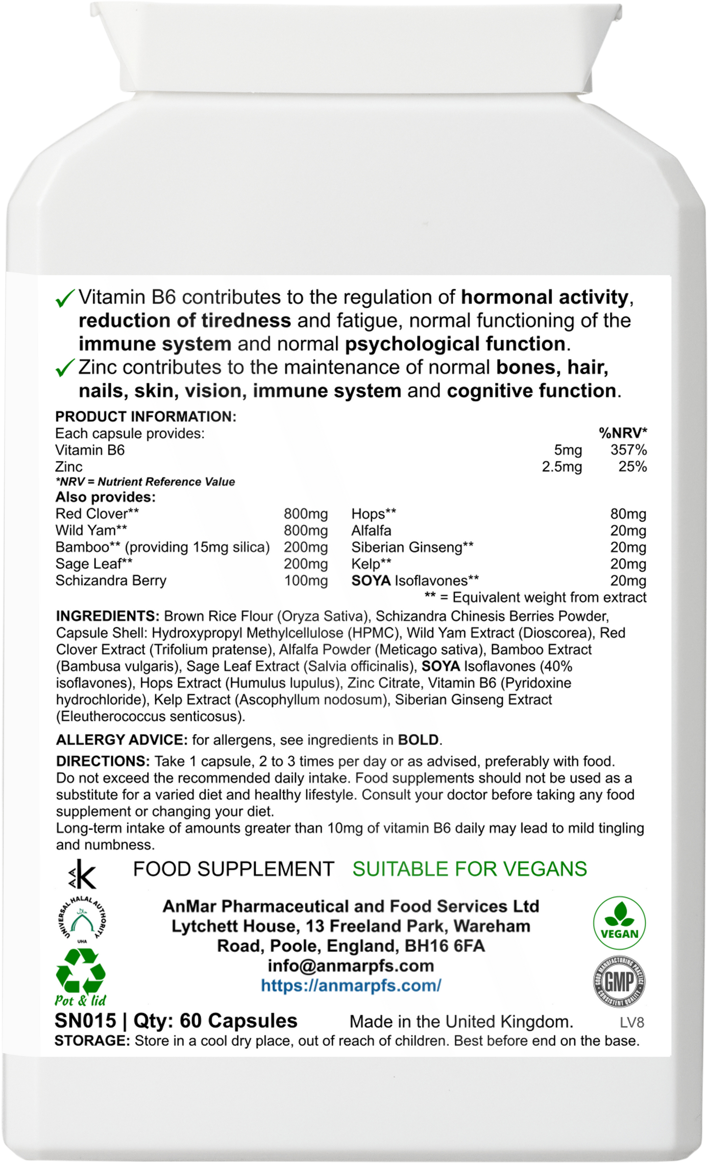 Back label of AnMar™ MenoGlow showing supplement facts, ingredients, directions, and health claims for hormonal balance, fatigue reduction, and immune support.