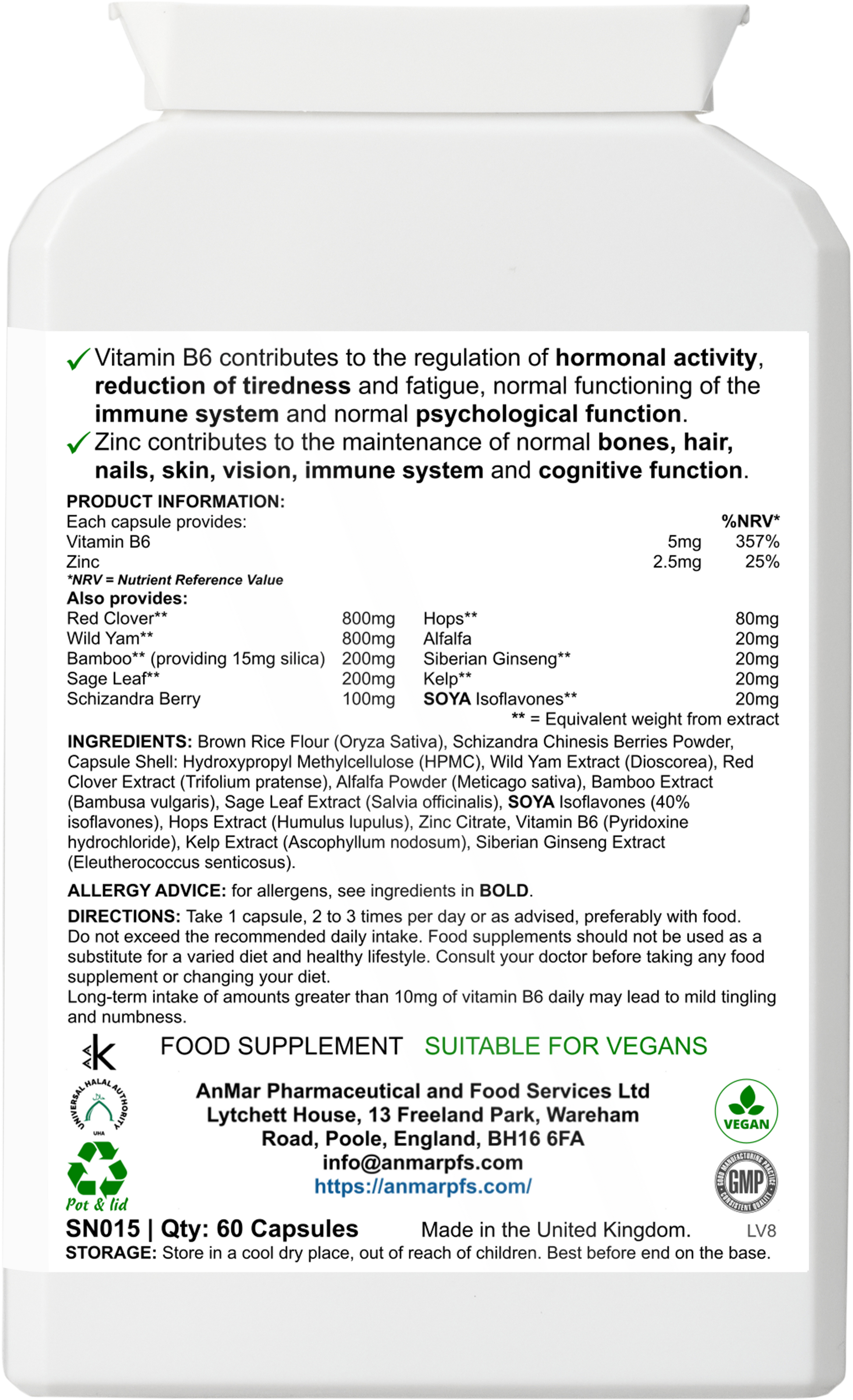 Back label of AnMar™ MenoGlow showing supplement facts, ingredients, directions, and health claims for hormonal balance, fatigue reduction, and immune support.