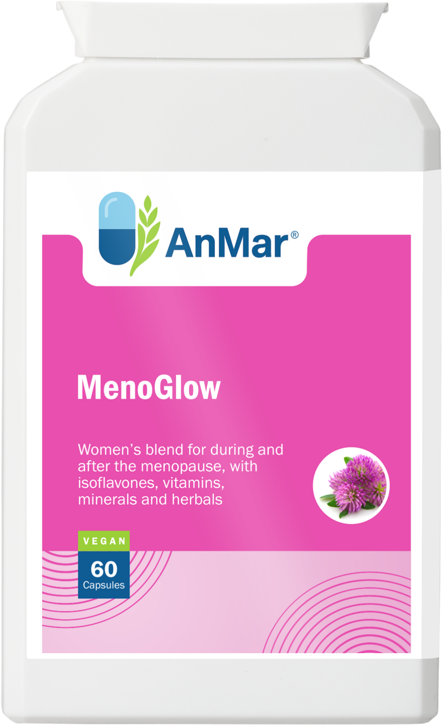 Front view of AnMar™ MenoGlow supplement bottle for menopause support, showing 60 vegan capsules and a blend of vitamins, minerals, and herbals.